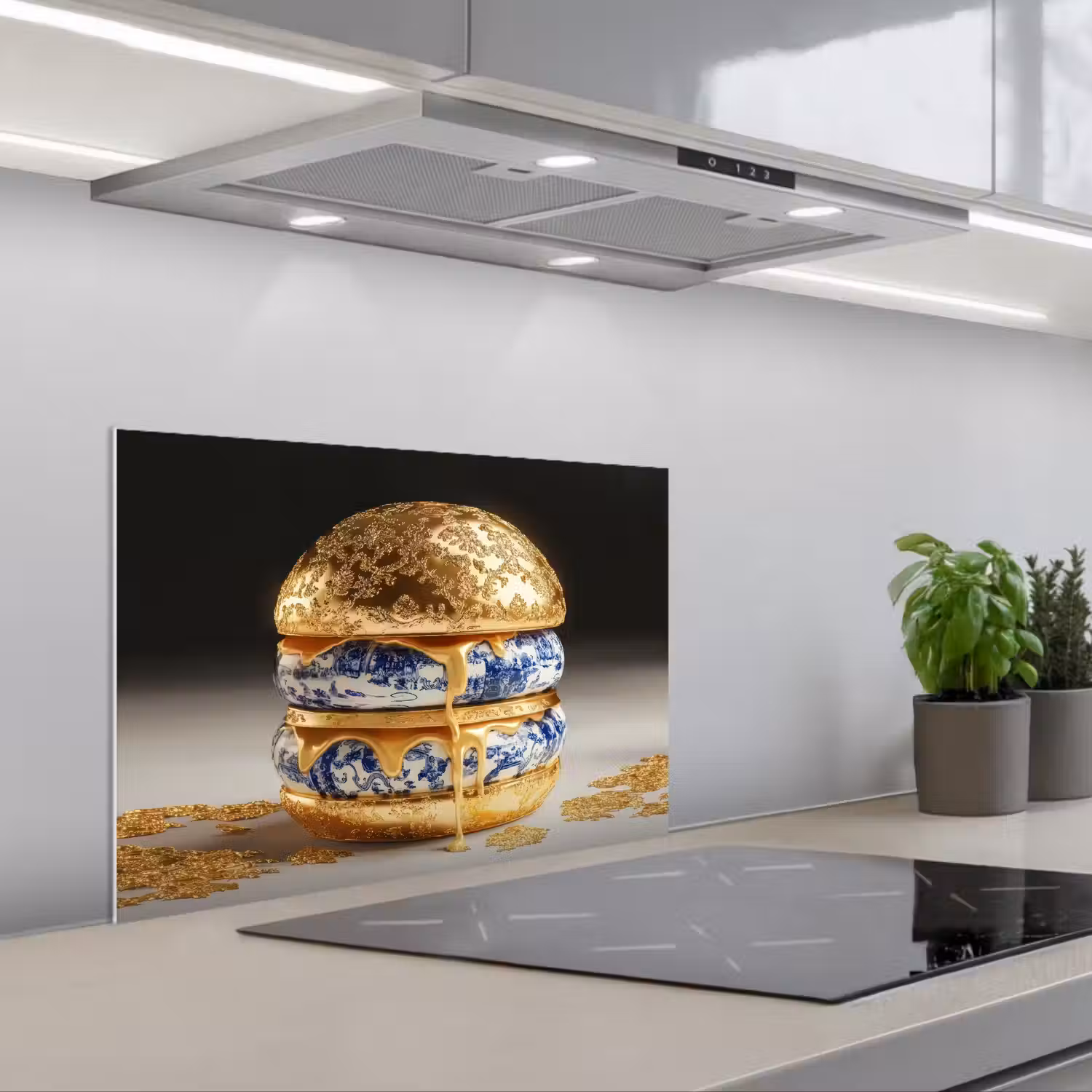 Delftsblauw - Goud - Burger keuken achterwand spatscherm klein -3d_schuin