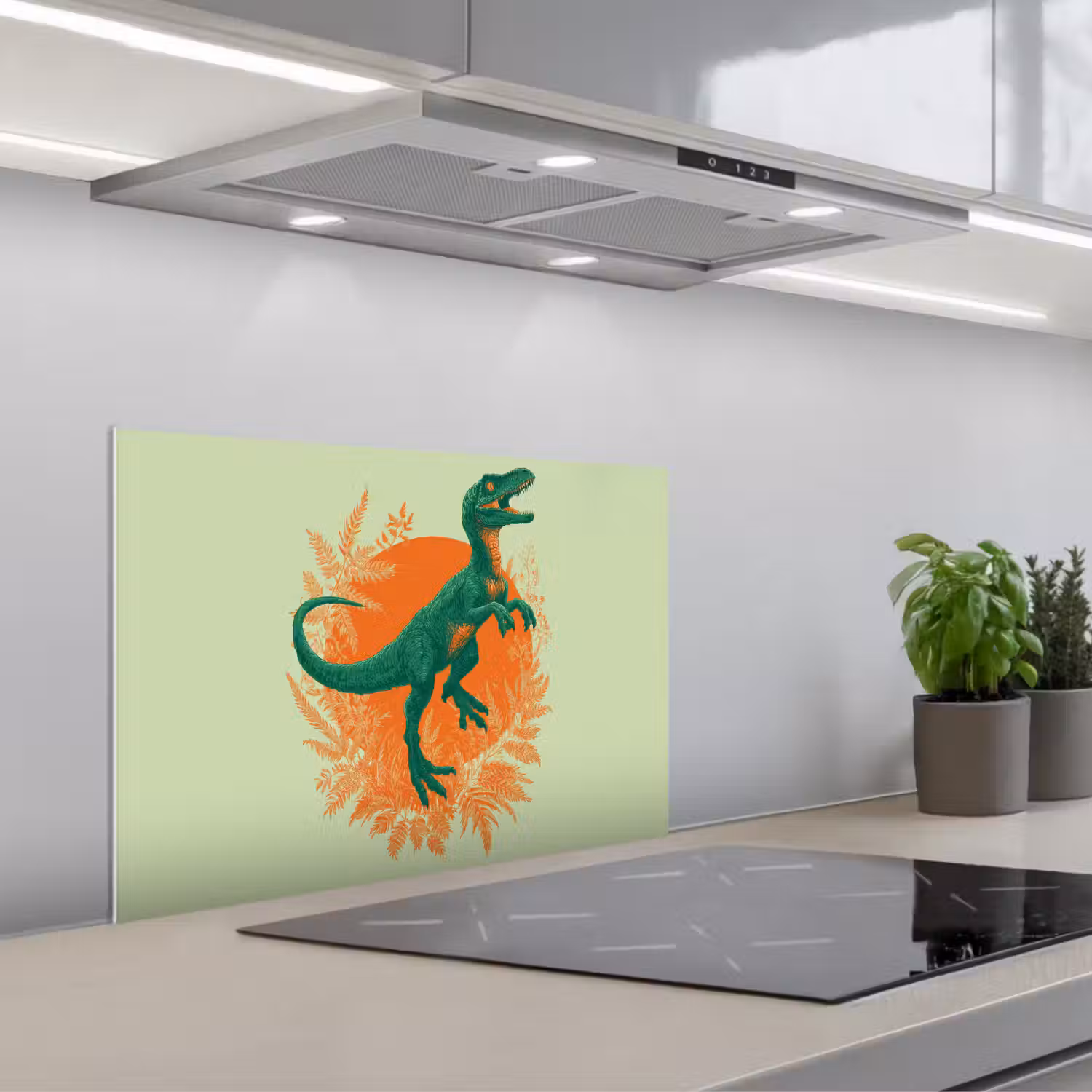 Dinosaurus - Groen - Planten - Cirkel keuken achterwand spatscherm klein -3d_schuin