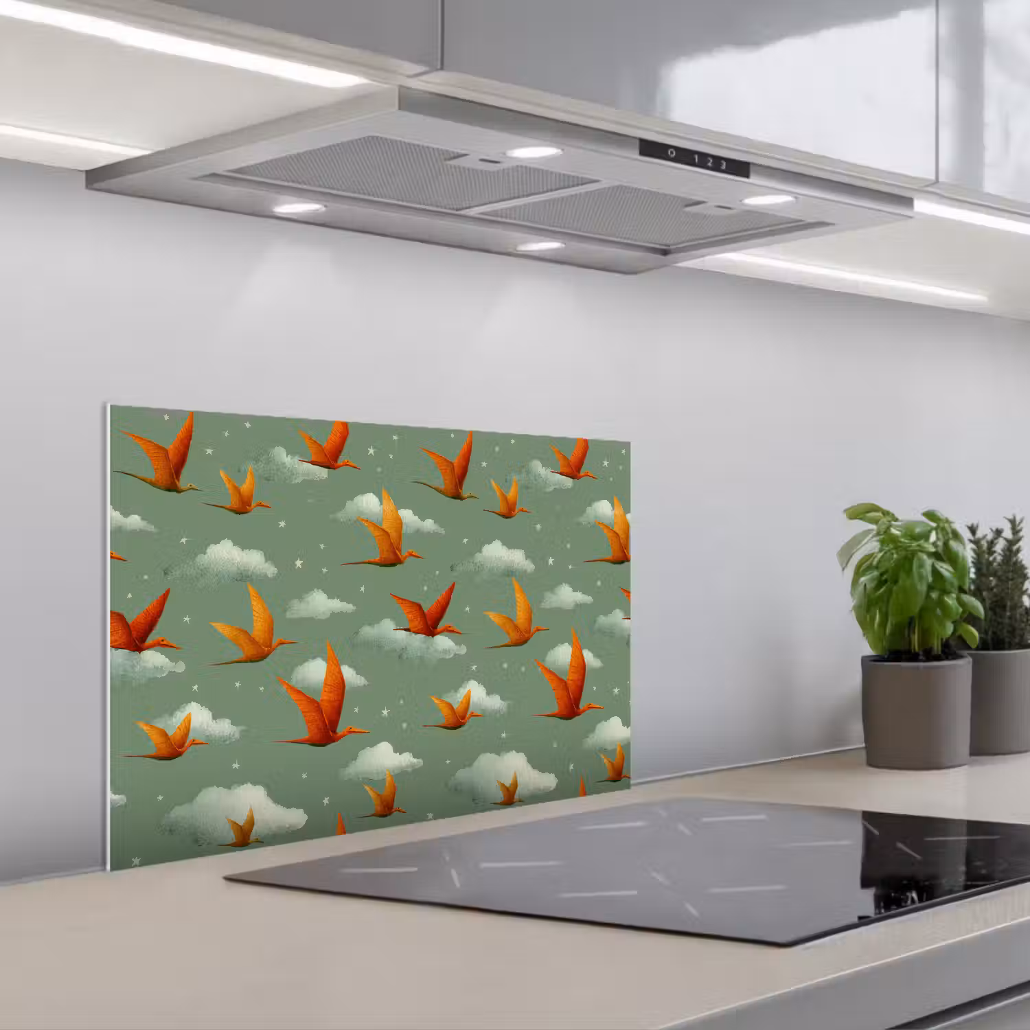 Dinosaurussen - Wolken - Sterren - Oranje keuken achterwand spatscherm klein -3d_schuin
