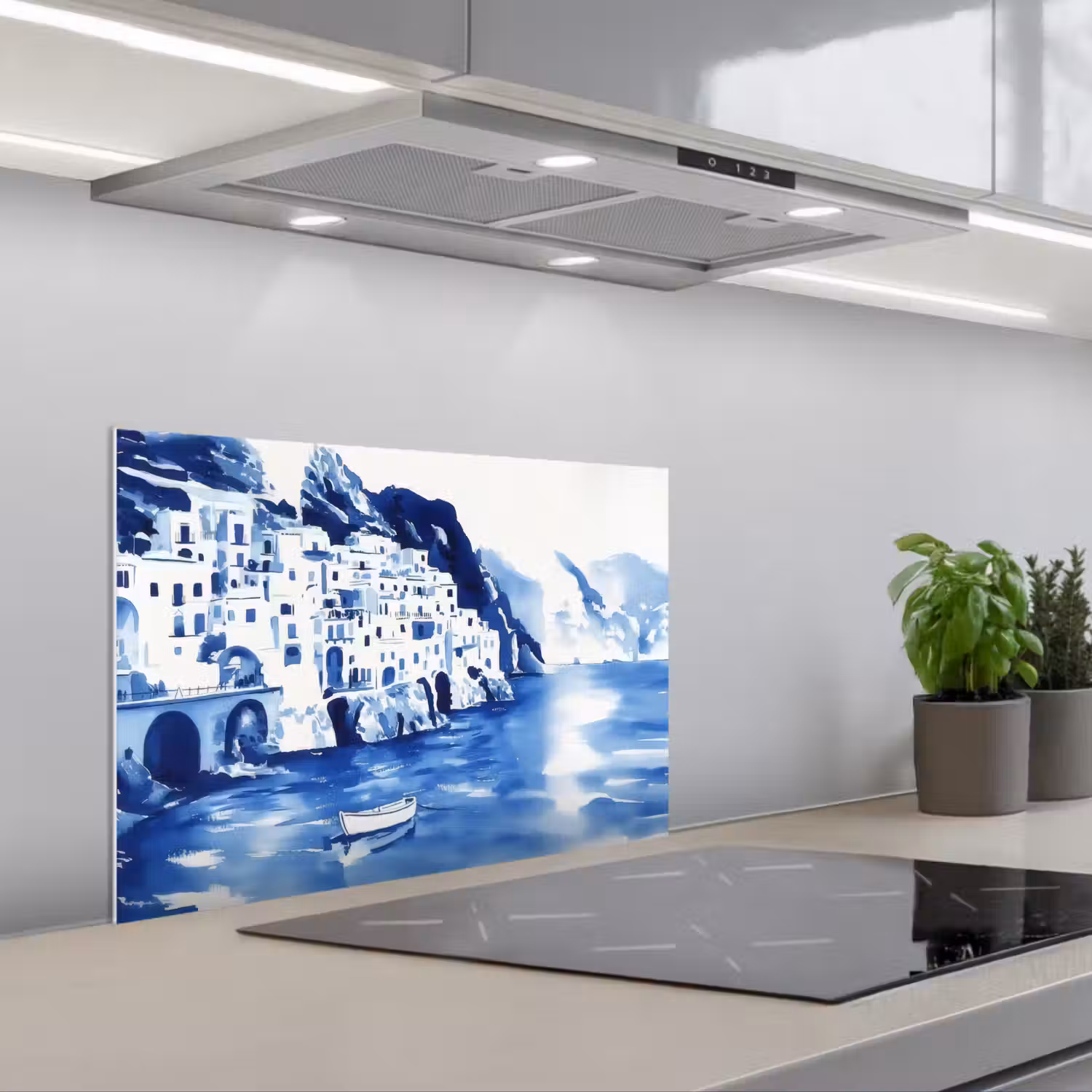 Dorp - Rotswand - Roeiboot - Water keuken achterwand spatscherm klein -3d_schuin