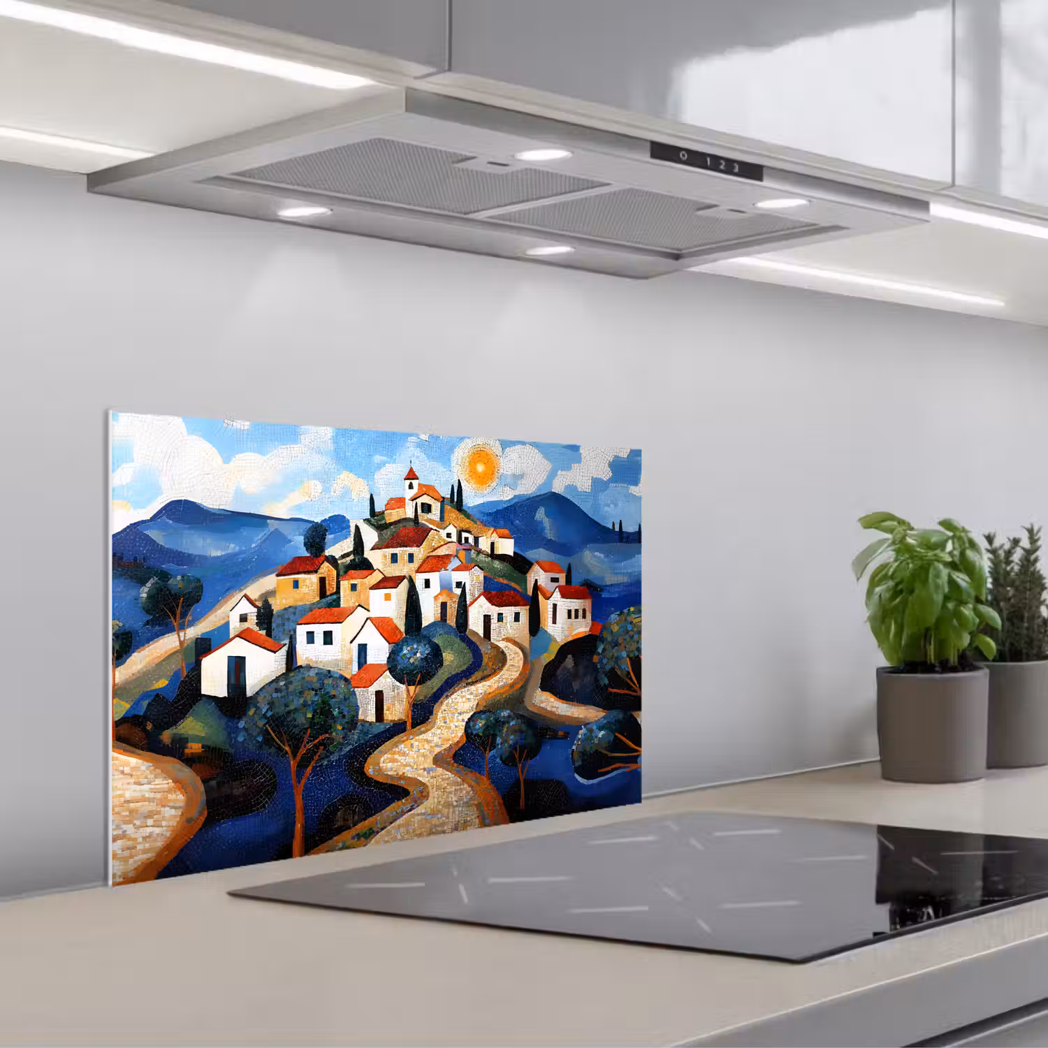 Dorp - Heuvelachtig - Zon - Mozaïek keuken achterwand spatscherm klein -3d_schuin