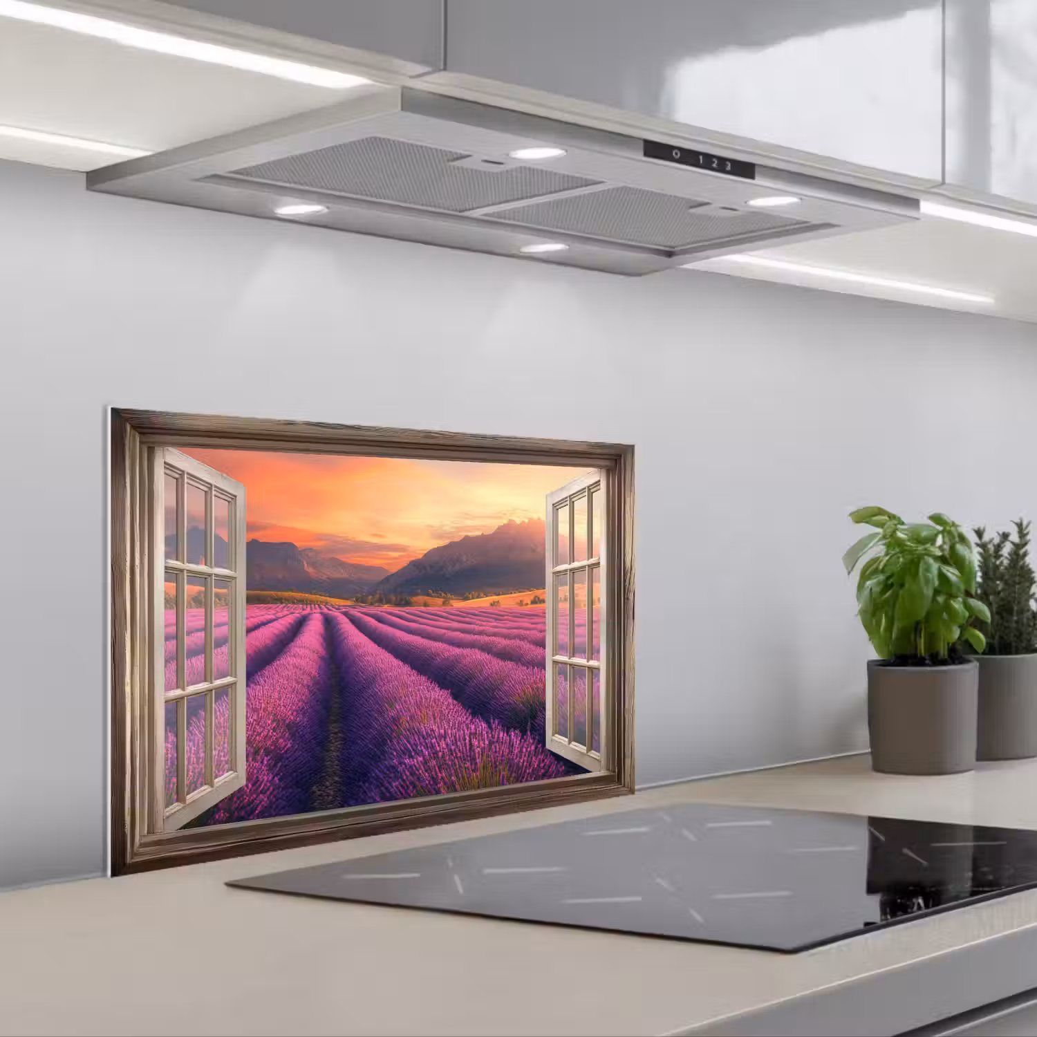 Doorkijk - Lavendel - Landschap - Bloemen - Paars keuken achterwand spatscherm klein -3d_schuin