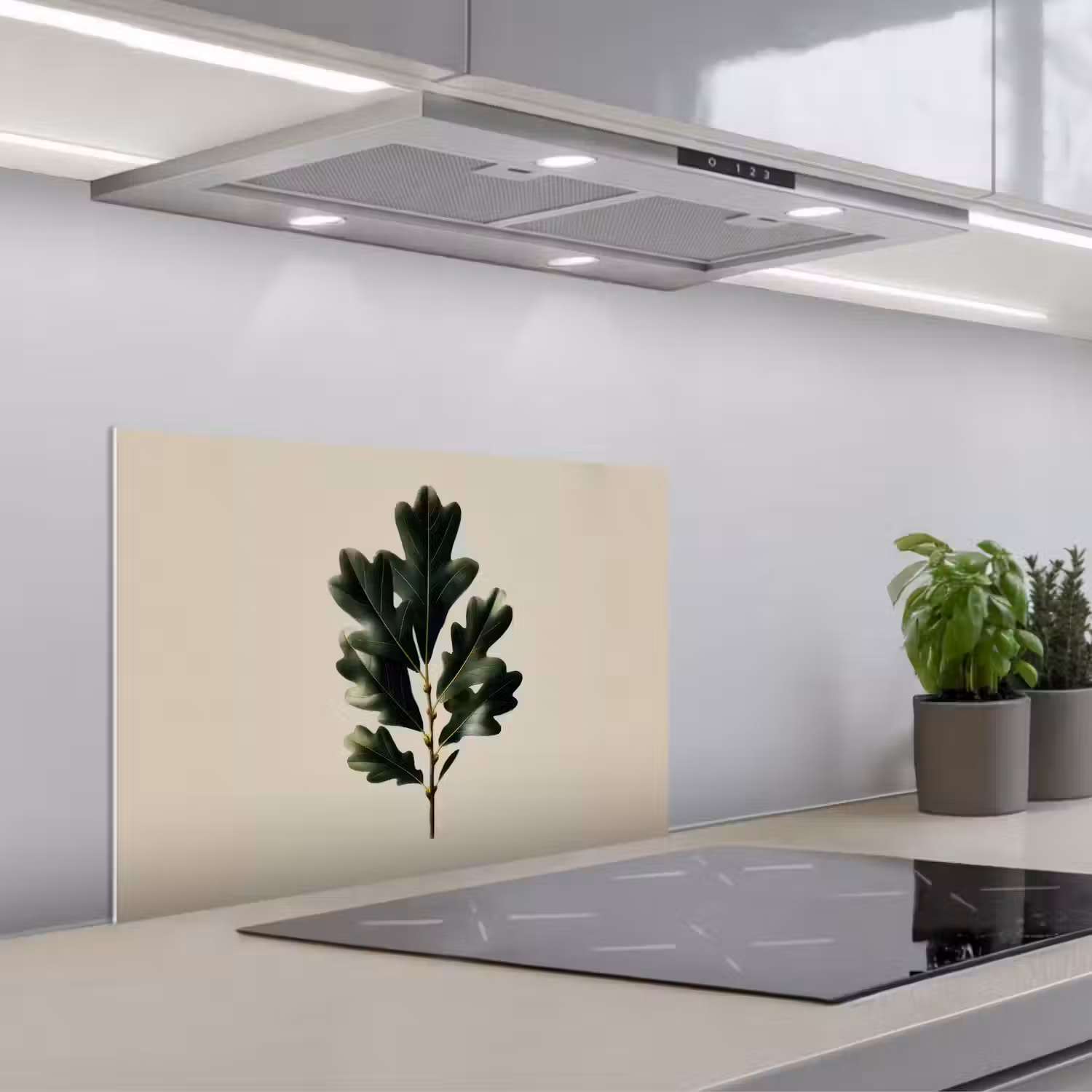Eikenbladeren - Beige - Groen - Golvende randen keuken achterwand spatscherm klein -3d_schuin