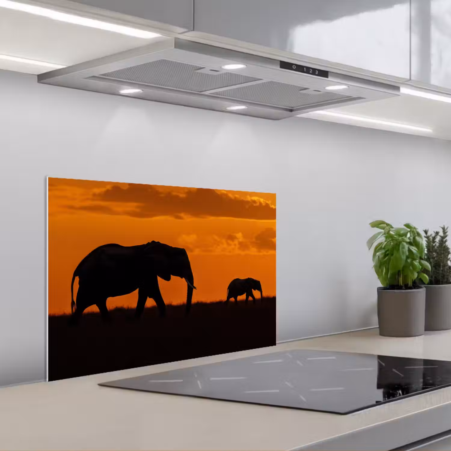 Olifanten - Savanne - Zonsondergang keuken achterwand spatscherm klein -3d_schuin