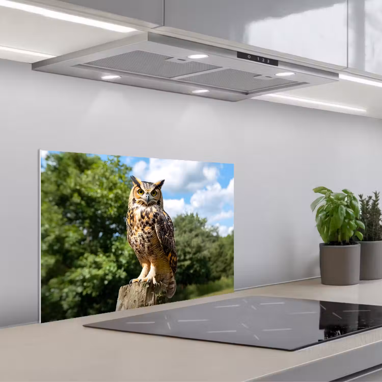 Uil - Boomstronk - Bos - Lucht keuken achterwand spatscherm klein -3d_schuin