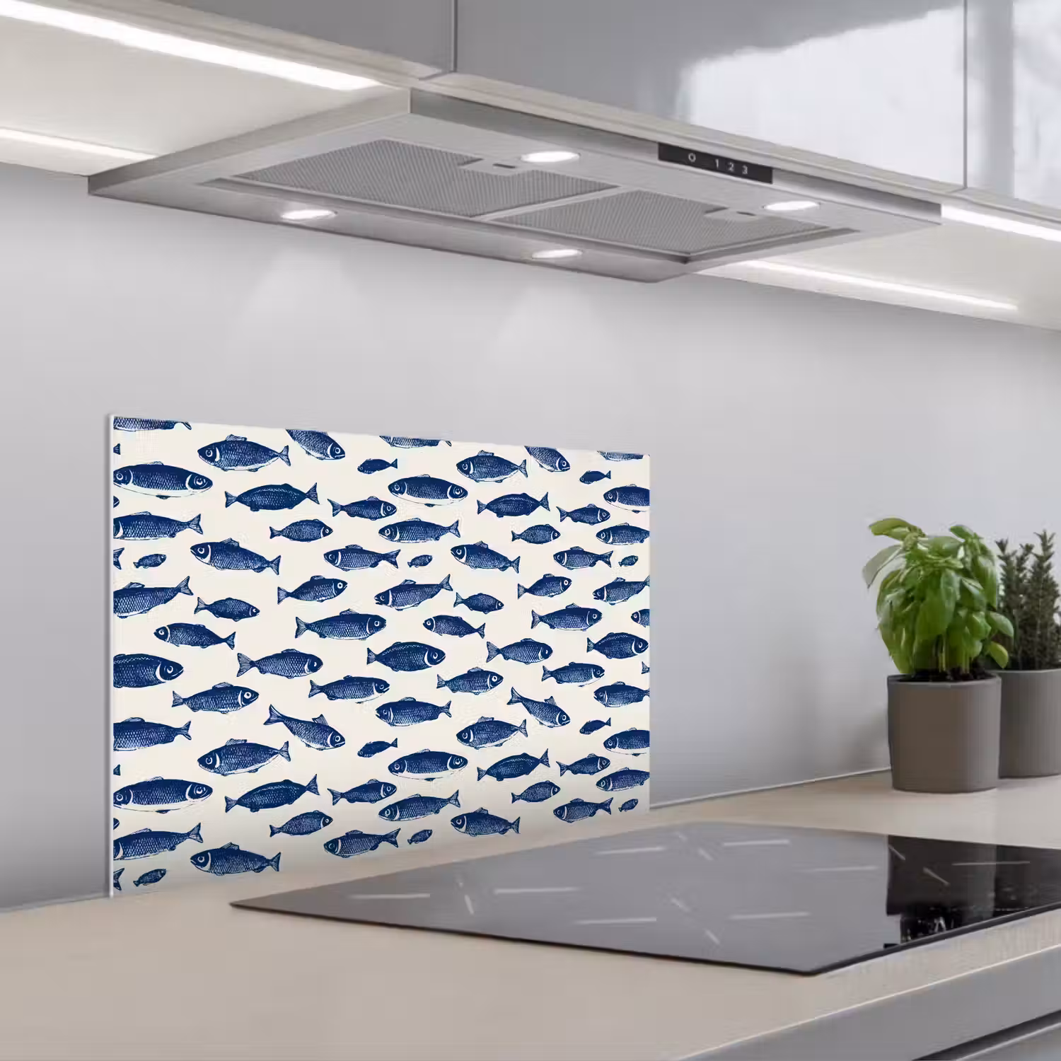 Vissen - Patroon - Blauw - Wit keuken achterwand spatscherm klein 900 -3d_schuin