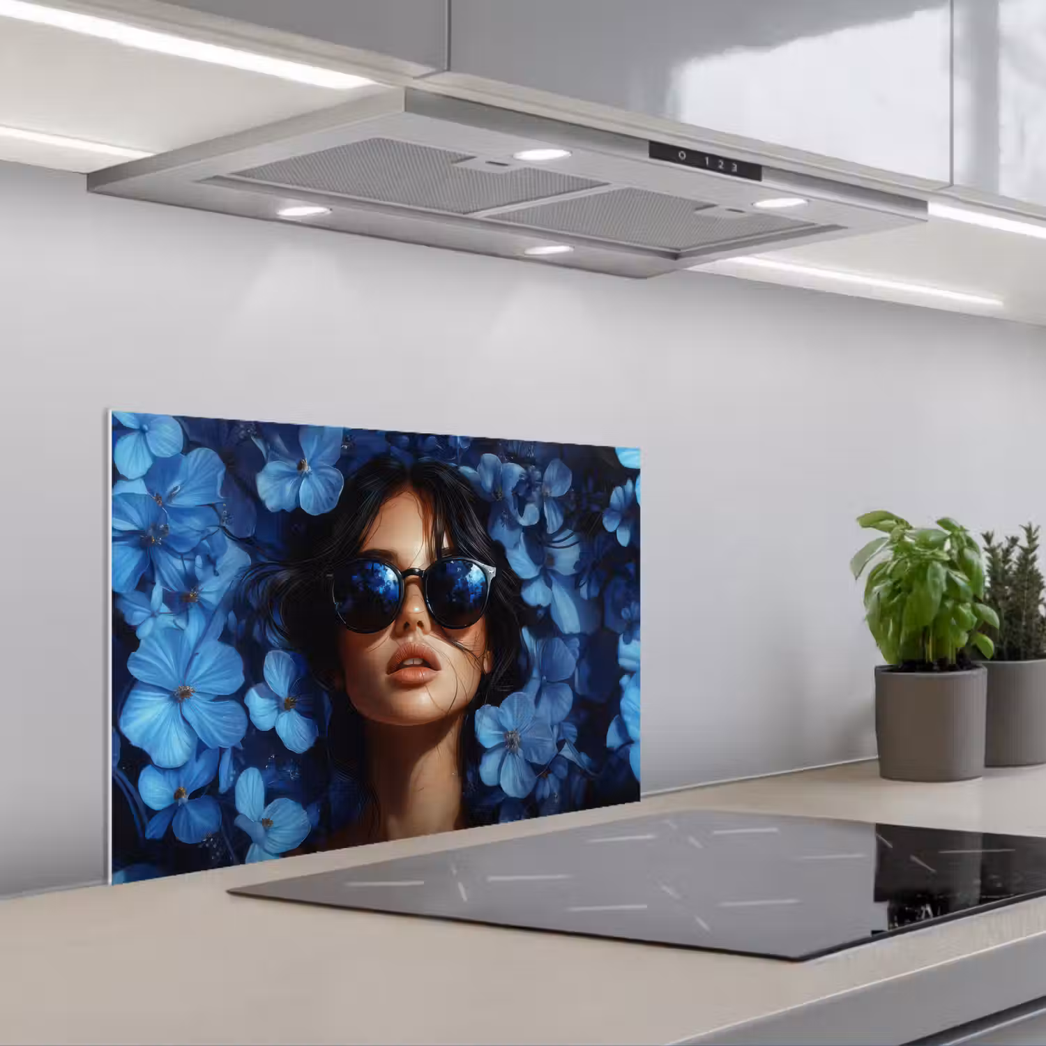 Vrouw - Blauw - Bloemen - Vlinders - Natuur keuken achterwand spatscherm klein -3d_schuin