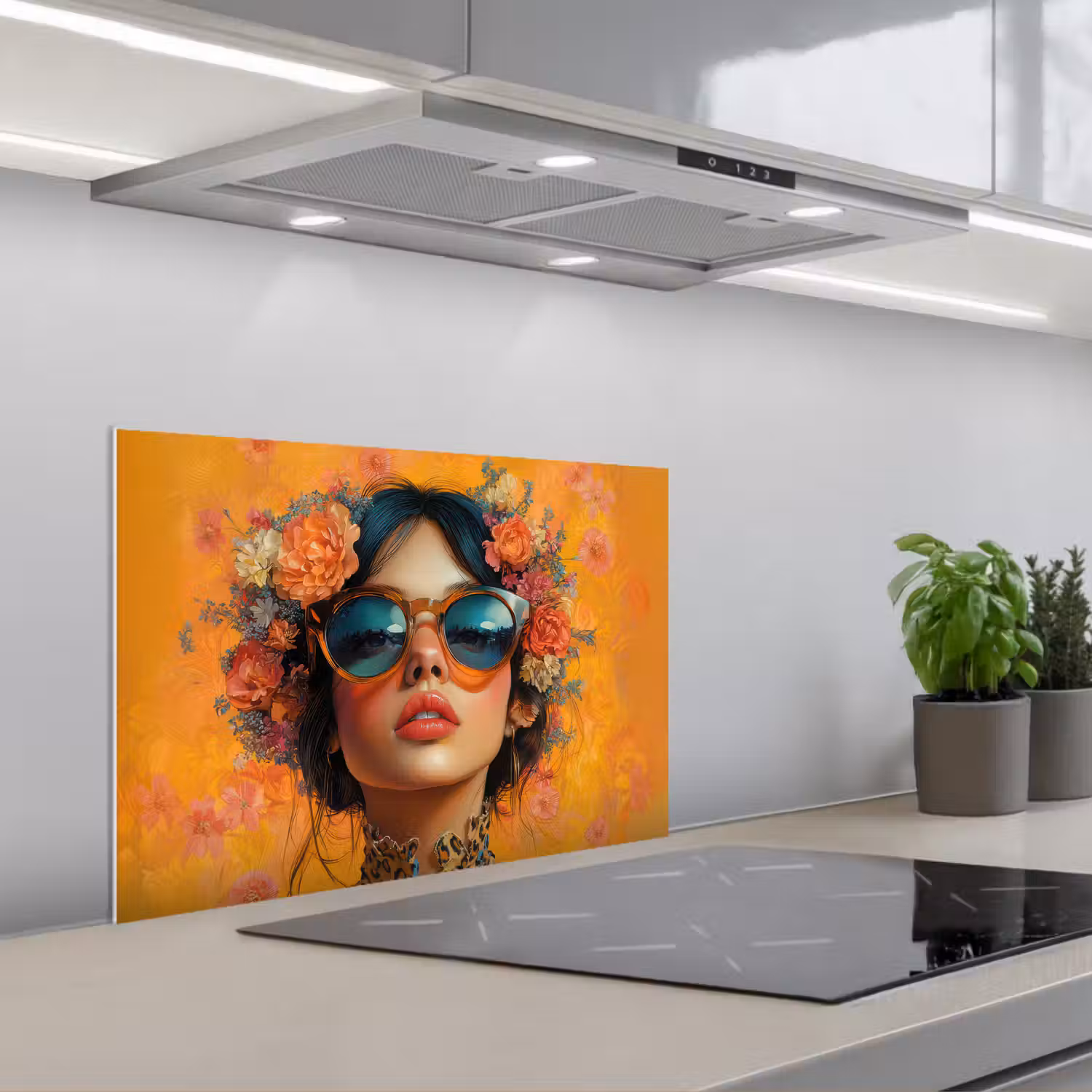 Vrouw - Bloemen - Aesthetic - Oranje keuken achterwand spatscherm klein -3d_schuin