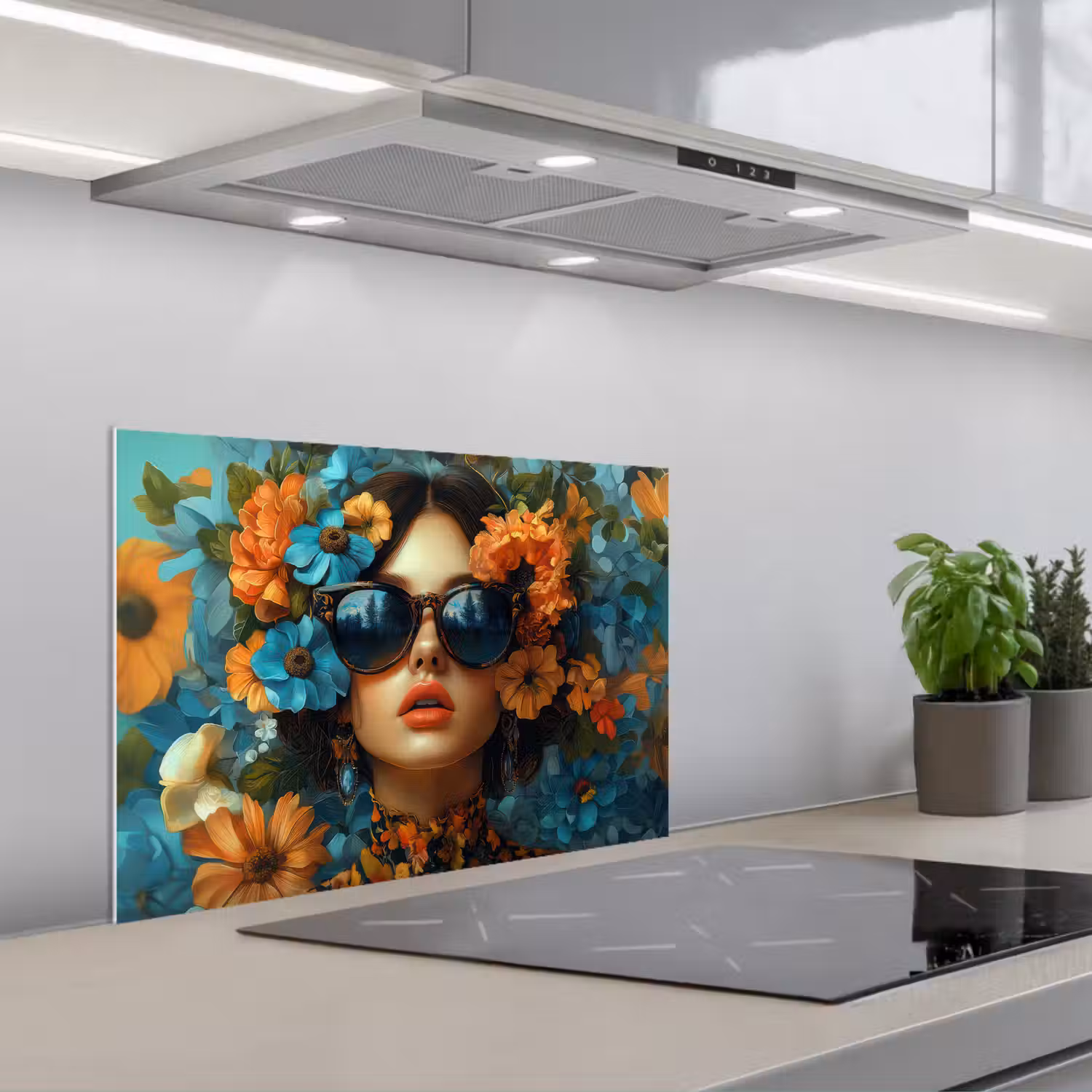 Vrouw - Bloemen - Oranje - Blauw - Modern keuken achterwand spatscherm klein -3d_schuin