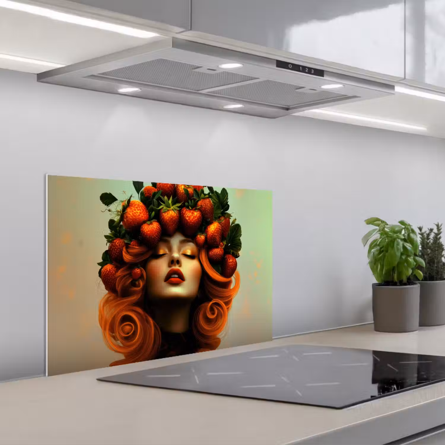 Vrouw - Aardbeien - Kroon keuken achterwand spatscherm klein -3d_schuin