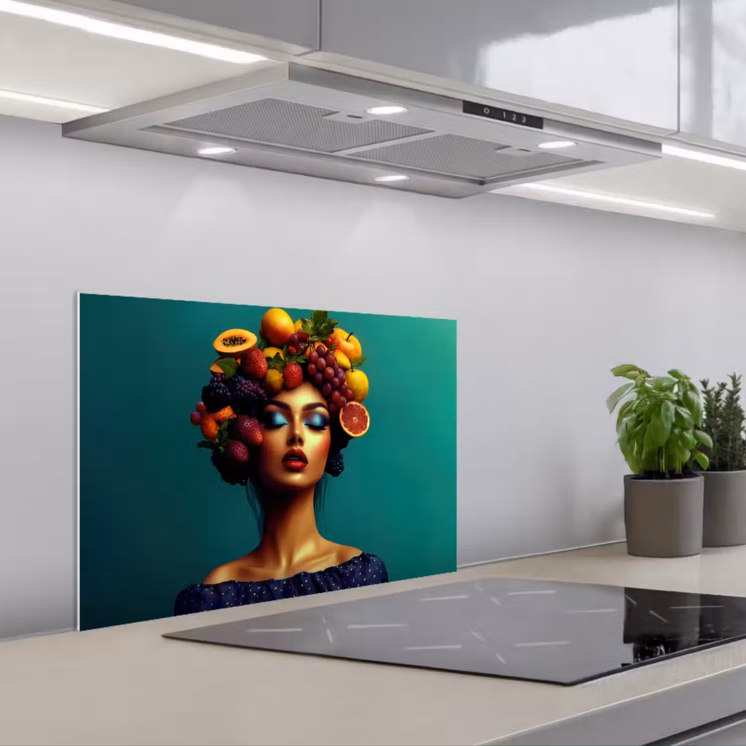 Vrouw - Hoodtooi - Tropisch - Fruit - Druiven keuken achterwand spatscherm klein -3d_schuin