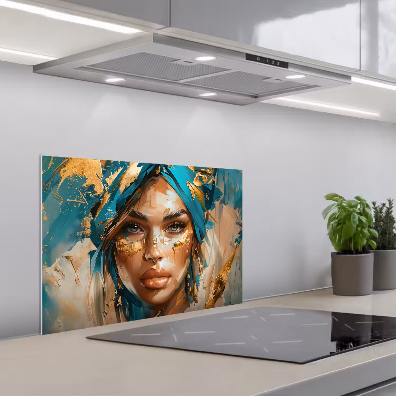Vrouw - Portret - Goud - Luxe - Blauw keuken achterwand spatscherm klein -3d_schuin