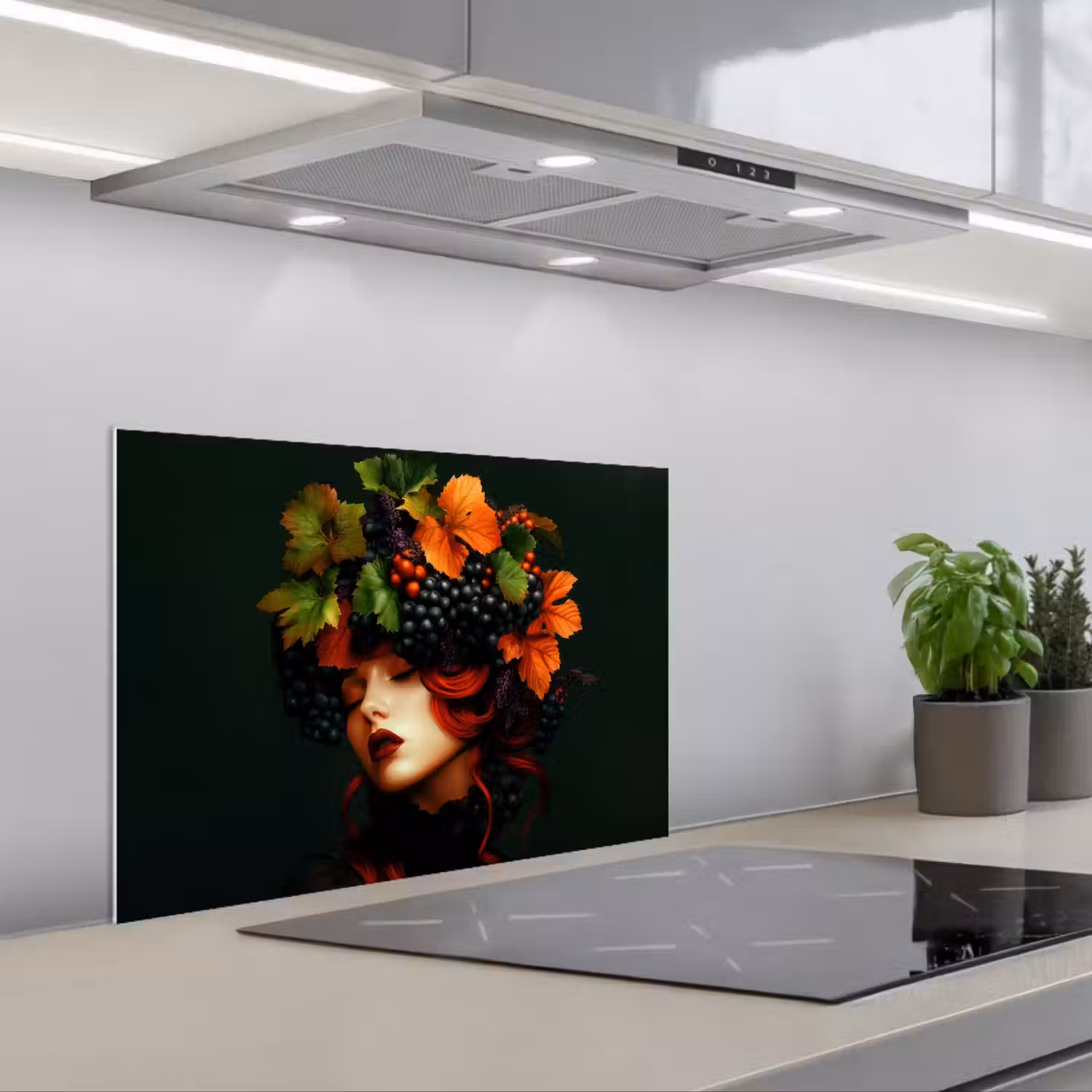 Vrouw - Rood - Groen - Druiven keuken achterwand spatscherm klein -3d_schuin