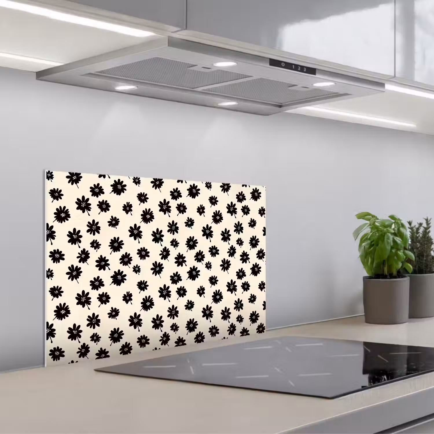 Madeliefjes - Grafisch - Zwart - Beige keuken achterwand spatscherm klein 900 -3d_schuin