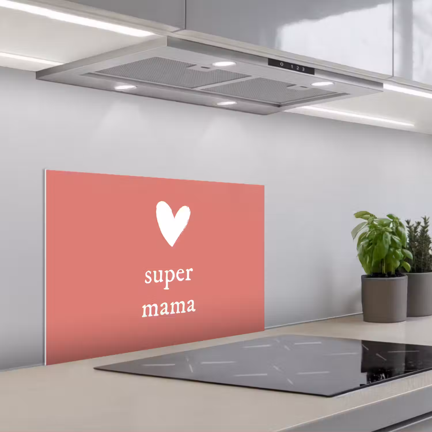 Presentje voor Moederdag super mama roze/wit keuken achterwand spatscherm klein -3d_schuin