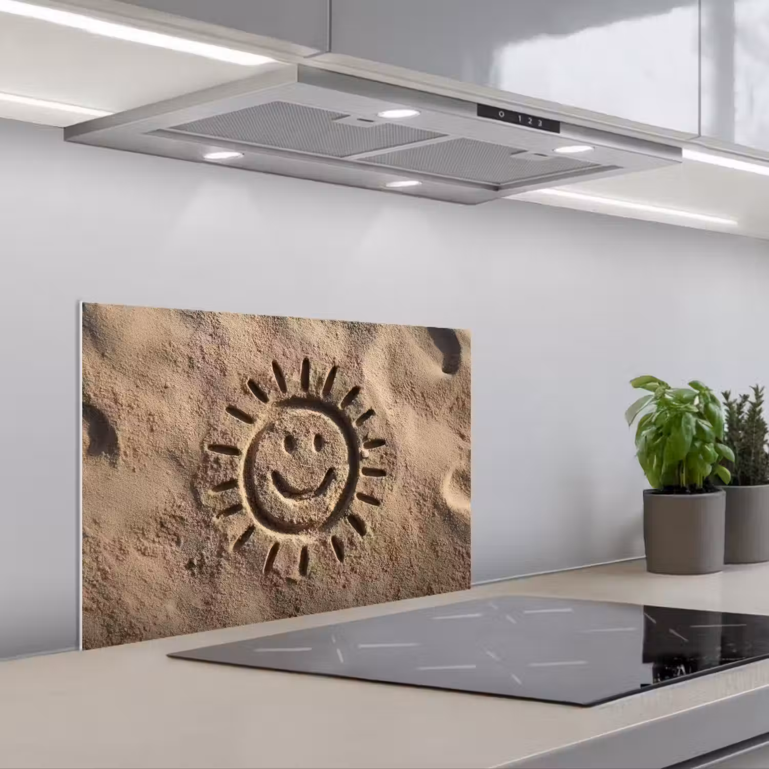 Gezichtje - Zon - Zand - Getekend keuken achterwand spatscherm klein -3d_schuin