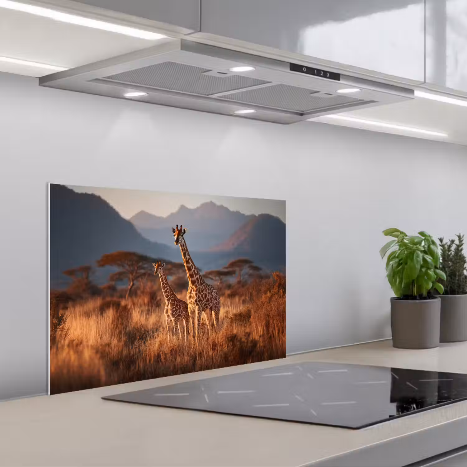 Giraffen - Hoog gras - Acaciabomen keuken achterwand spatscherm klein -3d_schuin