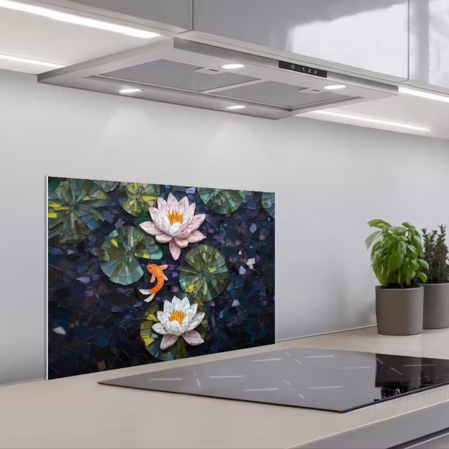 Glasstukjes - Leliebladeren - Vis - Oranje keuken achterwand spatscherm klein -3d_schuin
