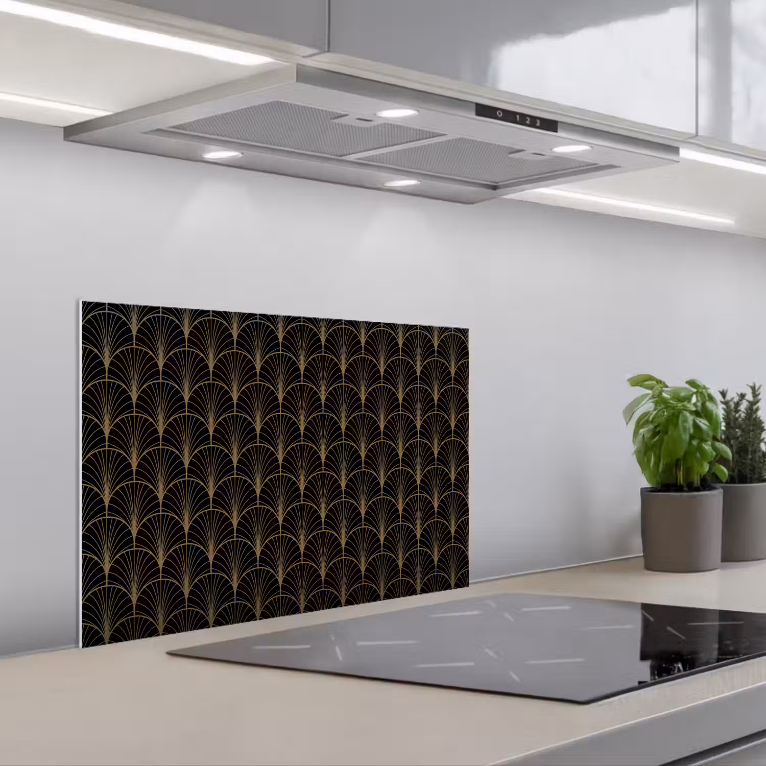 Gouden - Waaiers - Zwart keuken achterwand spatscherm klein 900 -3d_schuin