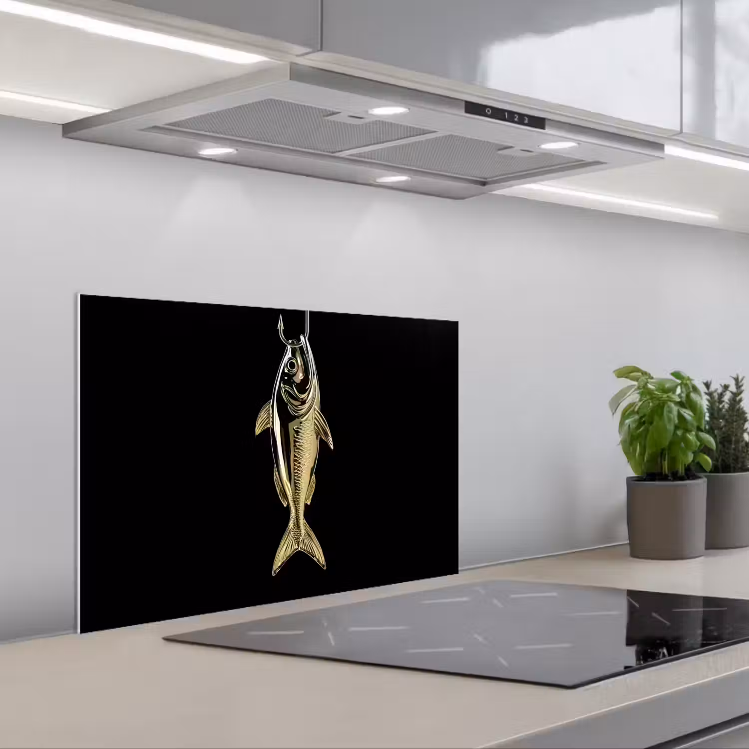 Goud - Vis - Haak - Zwart keuken achterwand spatscherm klein -3d_schuin