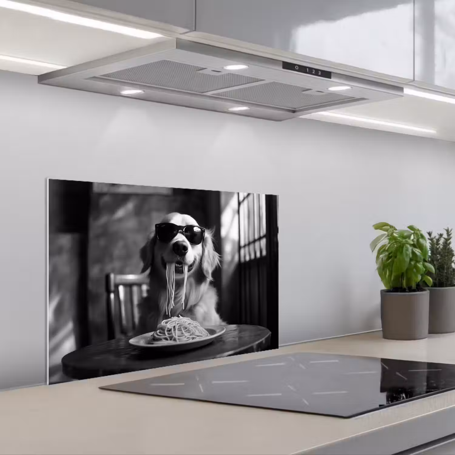 Golden Retriever - Hond - Vrolijk - Bord spaghetti - Zwart - wit keuken achterwand spatscherm klein -3d_schuin