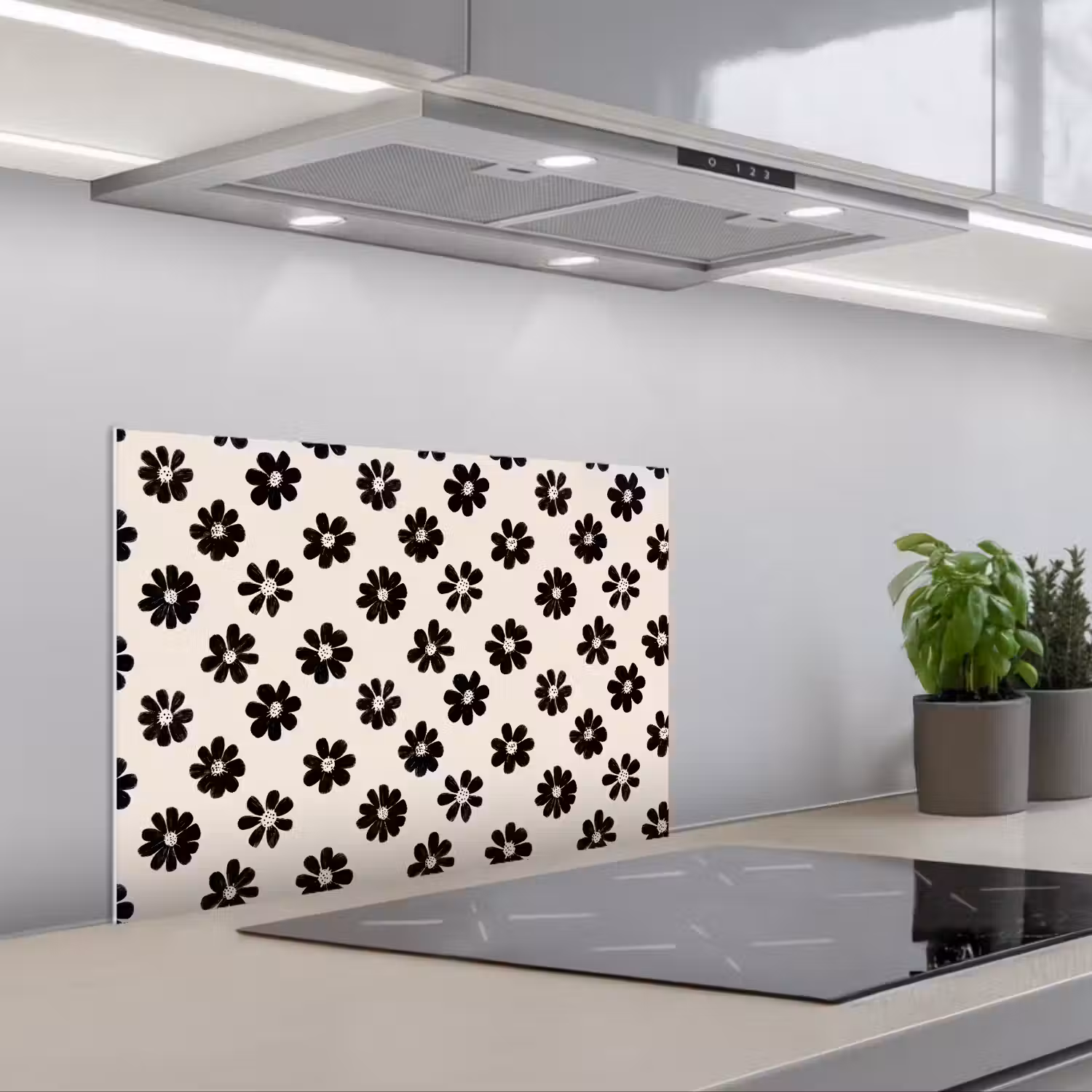 Grafisch - Madeliefjes - Zwart - Beige keuken achterwand spatscherm klein 900 -3d_schuin