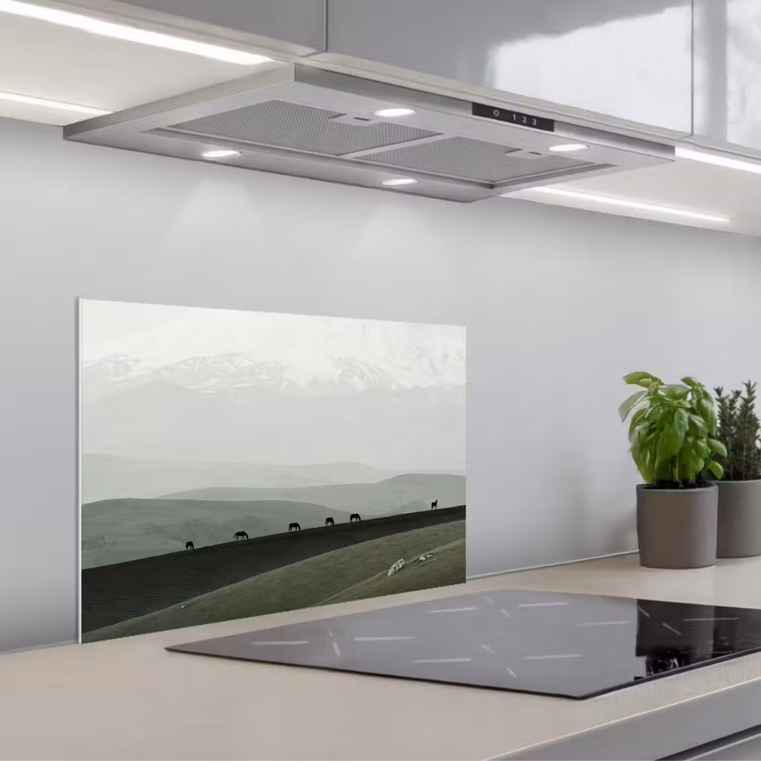 Grijs - Berg - Paarden keuken achterwand spatscherm klein -3d_schuin