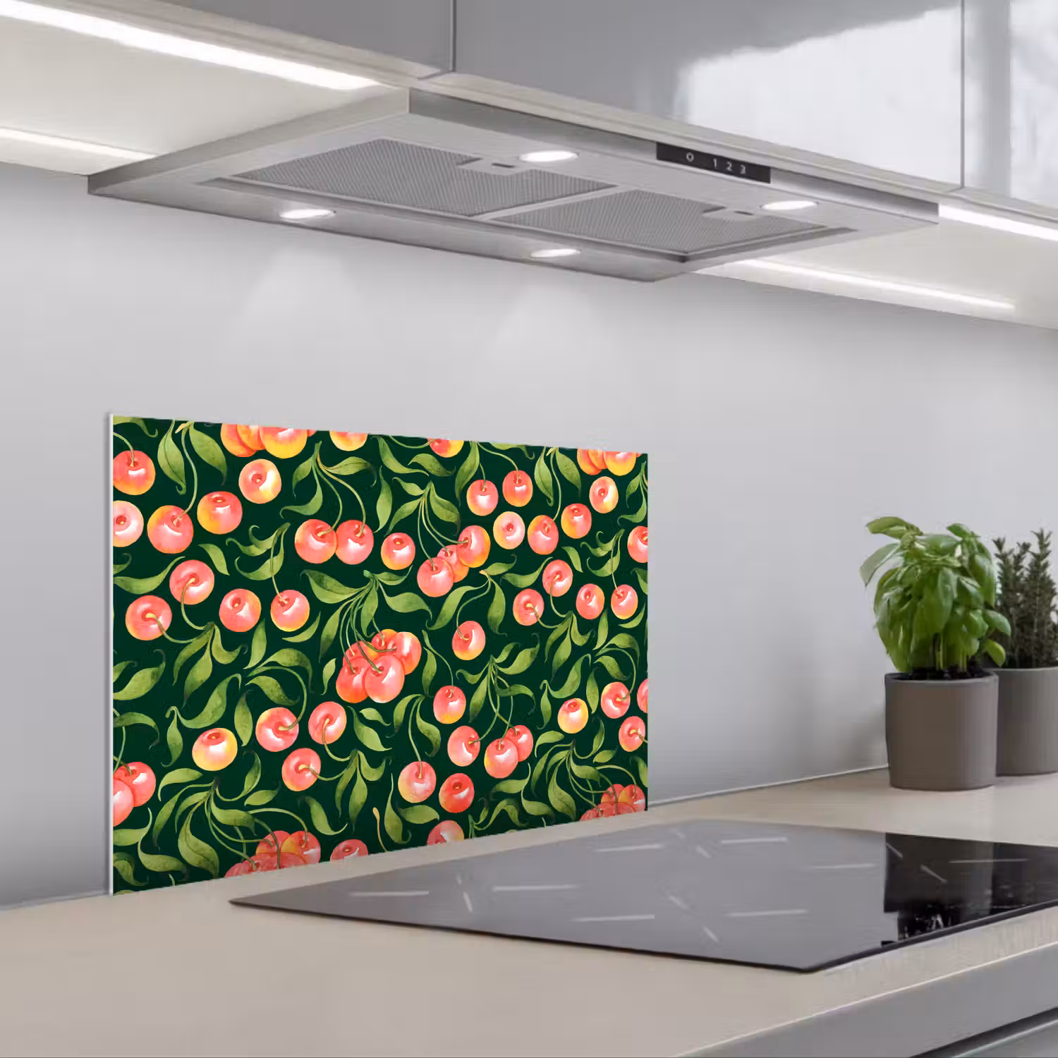 Groen - Rood - Kersen - Bladeren keuken achterwand spatscherm klein 900 -3d_schuin
