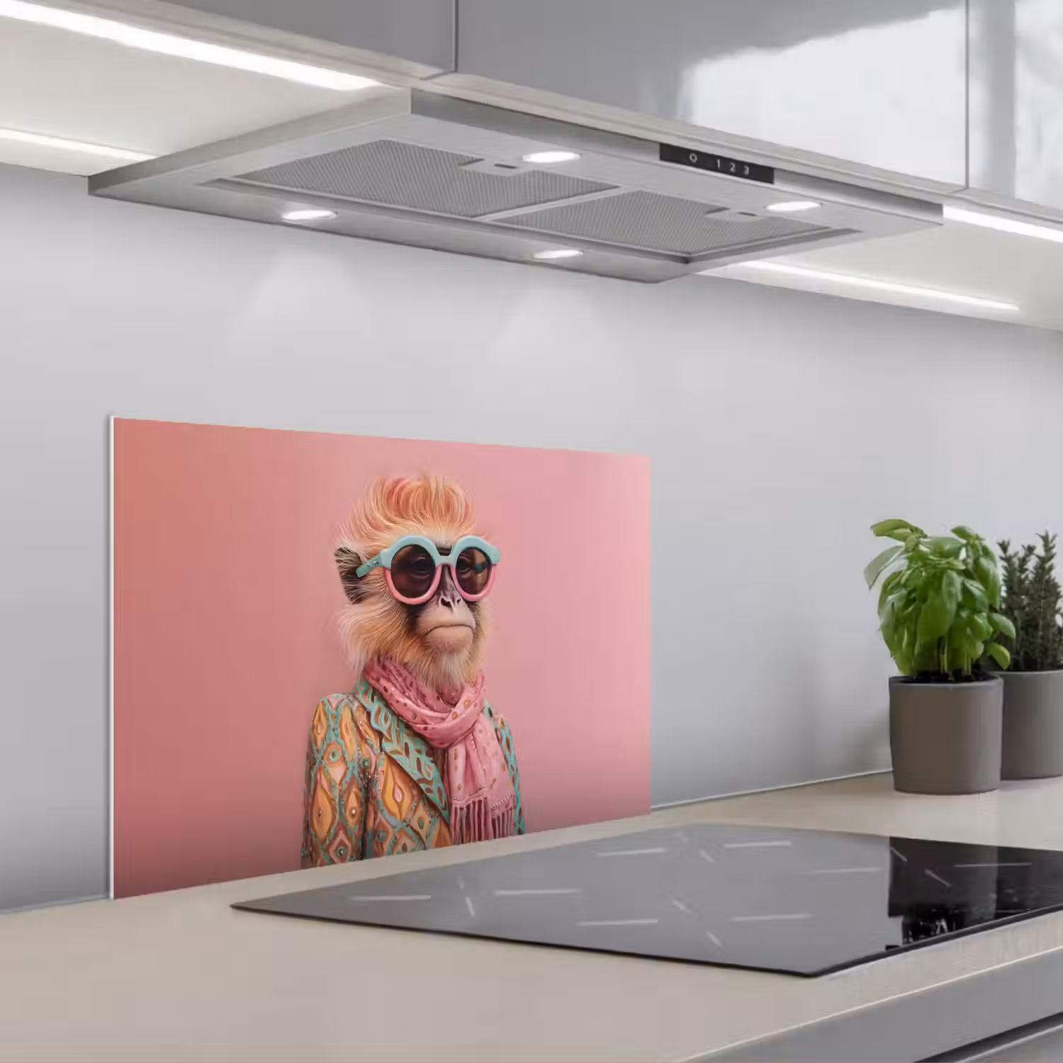Sjaal - Aap - Zonnebril - Jasje keuken achterwand spatscherm klein -3d_schuin