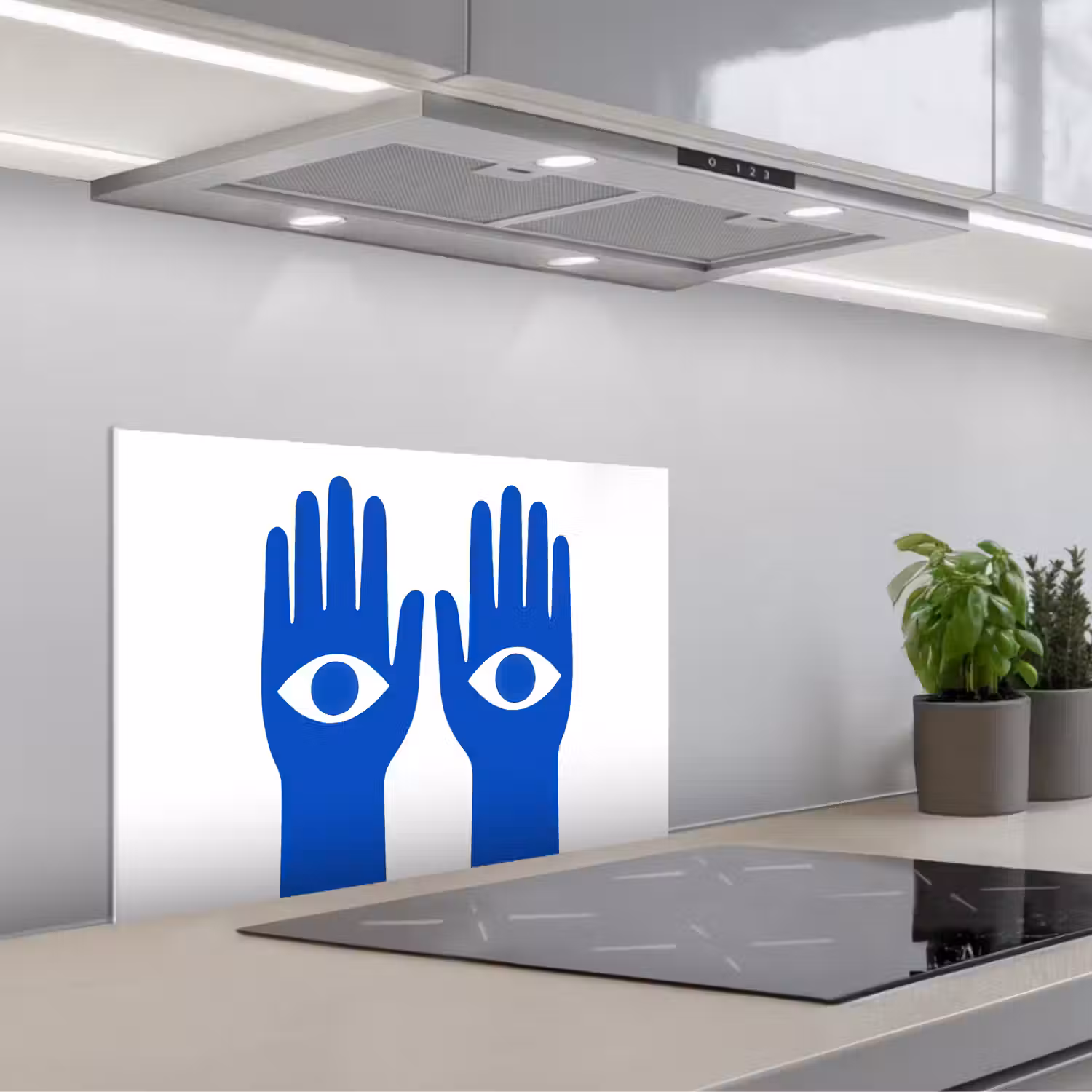 Handen - Twee - Ogen - Blauw keuken achterwand spatscherm klein -3d_schuin