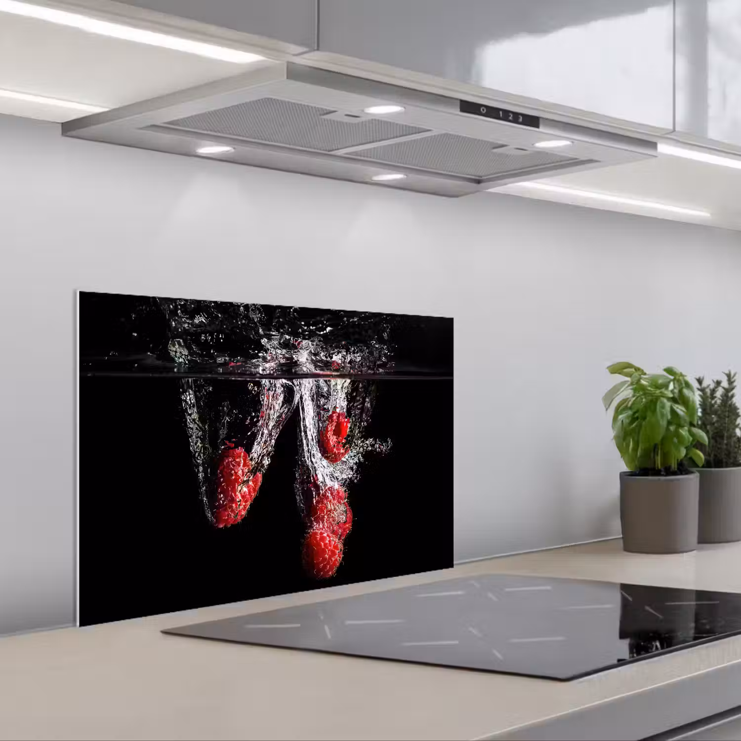 Frambozen - Fruit - Stilleven - Water - Zwart - Rood keuken achterwand spatscherm klein -3d_schuin