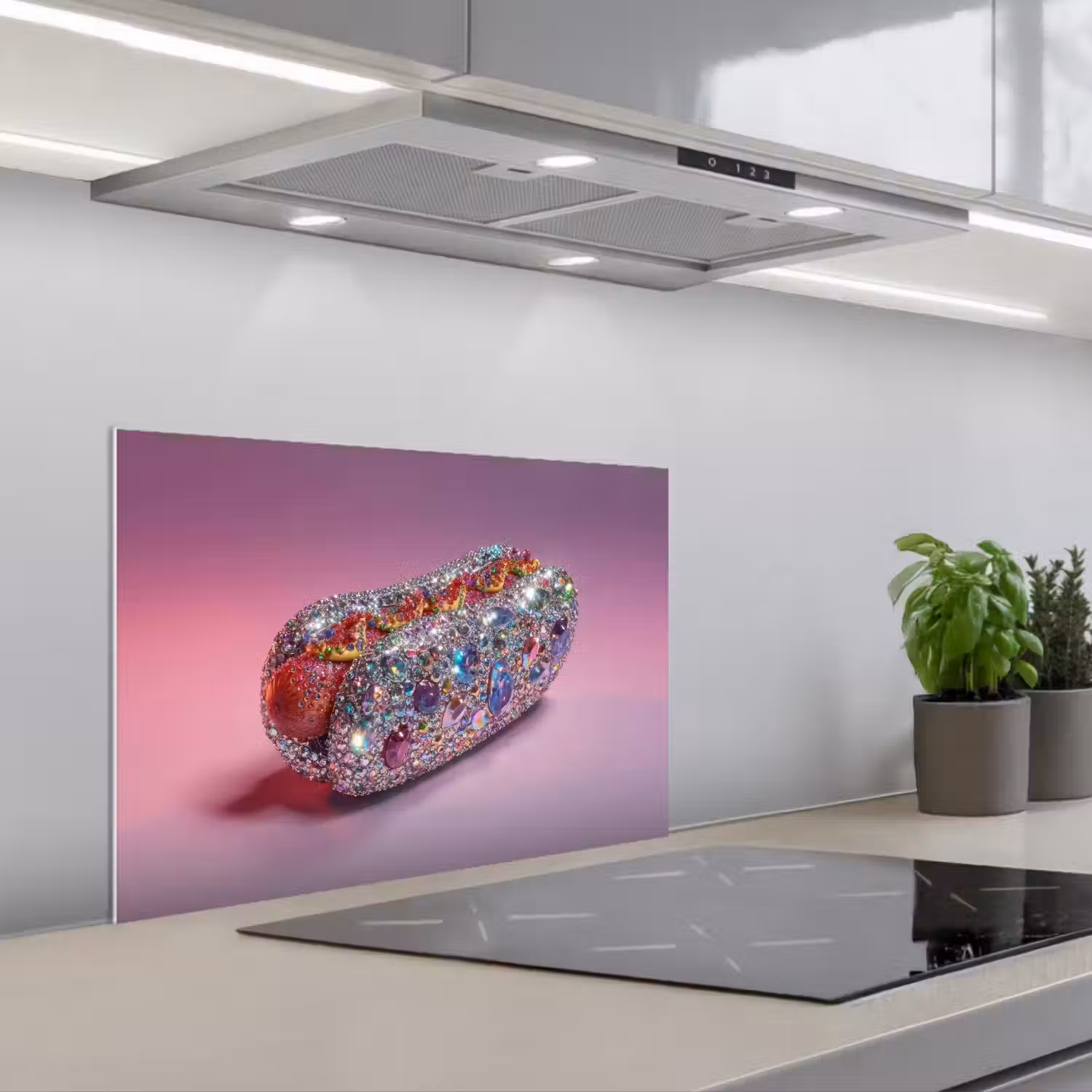 Hotdog - Steentjes - Glitters - Paars keuken achterwand spatscherm klein -3d_schuin