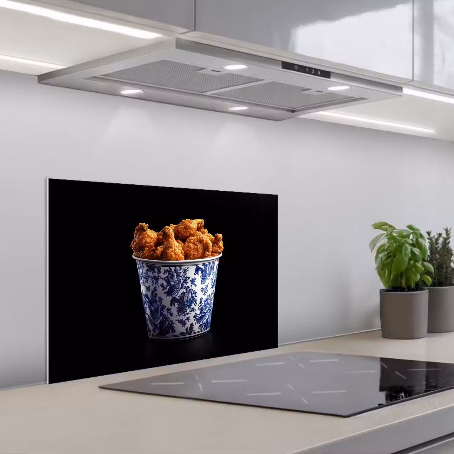 Kip - Bucket - Delfts blauw - Lekker keuken achterwand spatscherm klein -3d_schuin