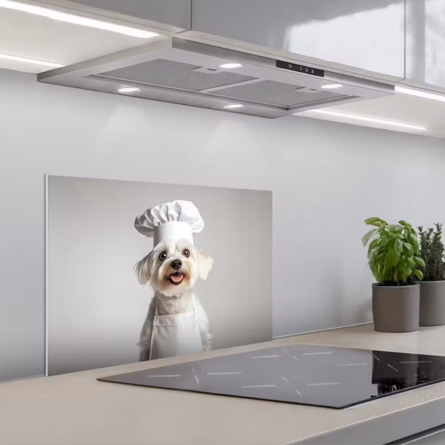 Hond - Wit - Kok keuken achterwand spatscherm klein -3d_schuin