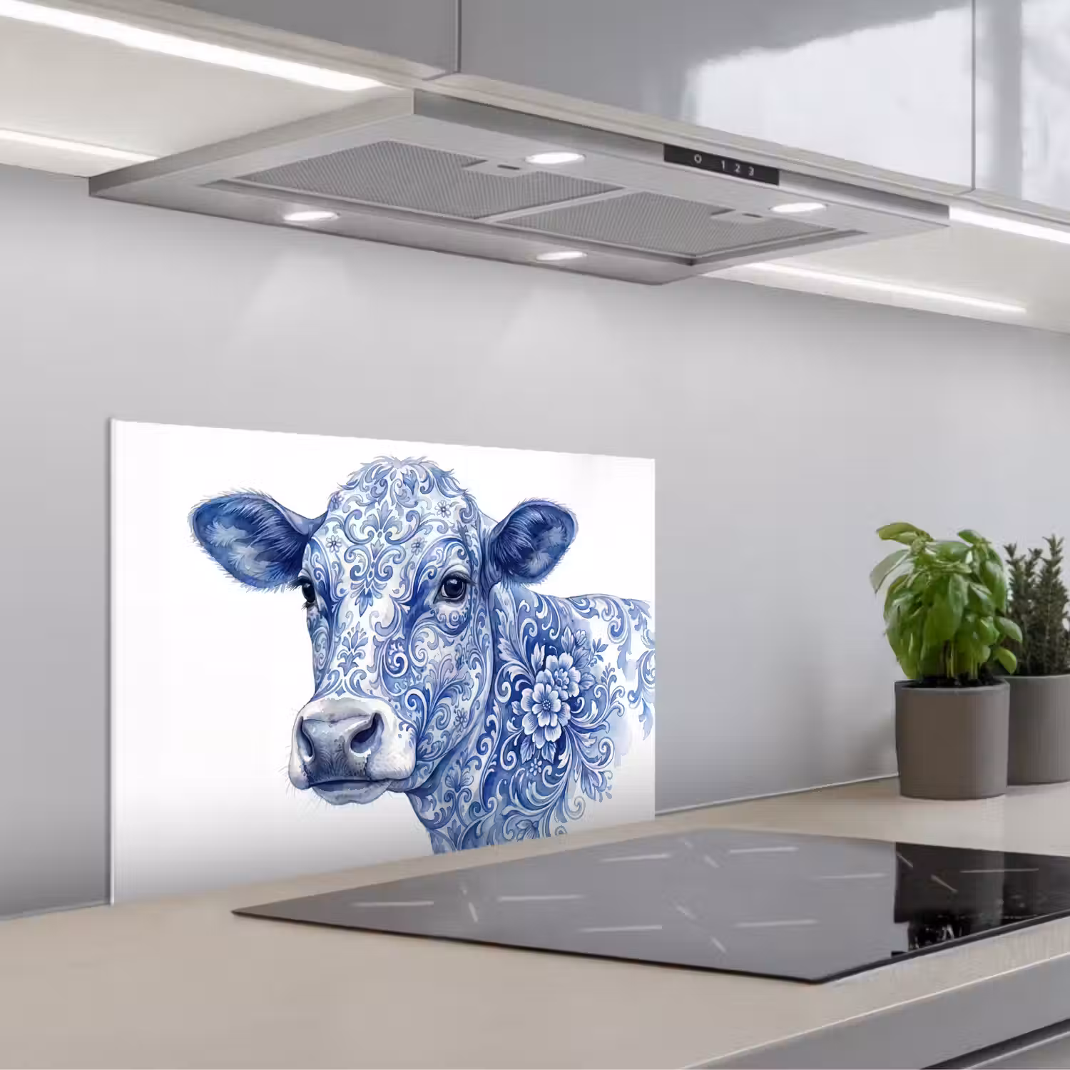 Illustratie - Koe - Blauw keuken achterwand spatscherm klein -3d_schuin