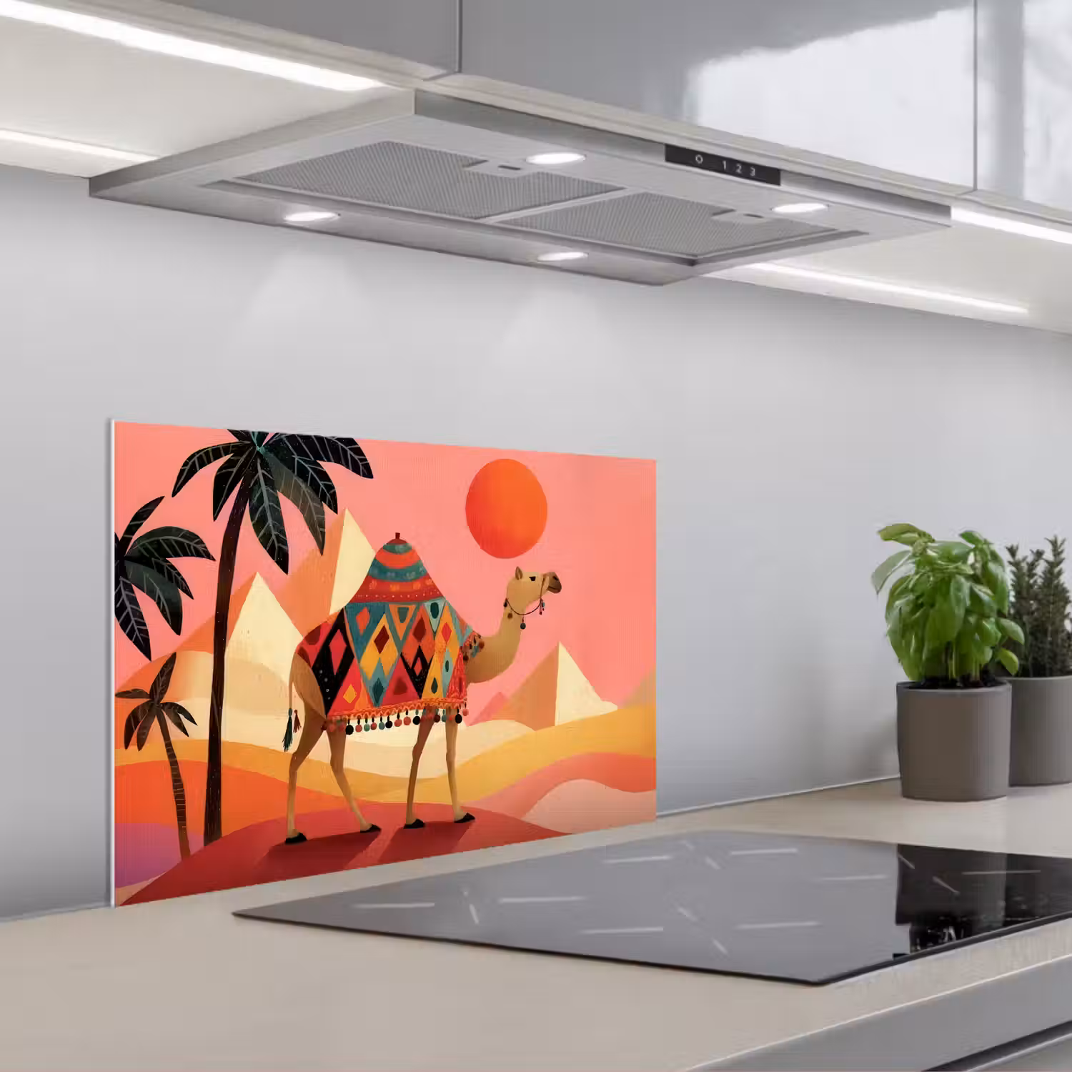 Kameel - Pyramides - Rode zon keuken achterwand spatscherm klein -3d_schuin