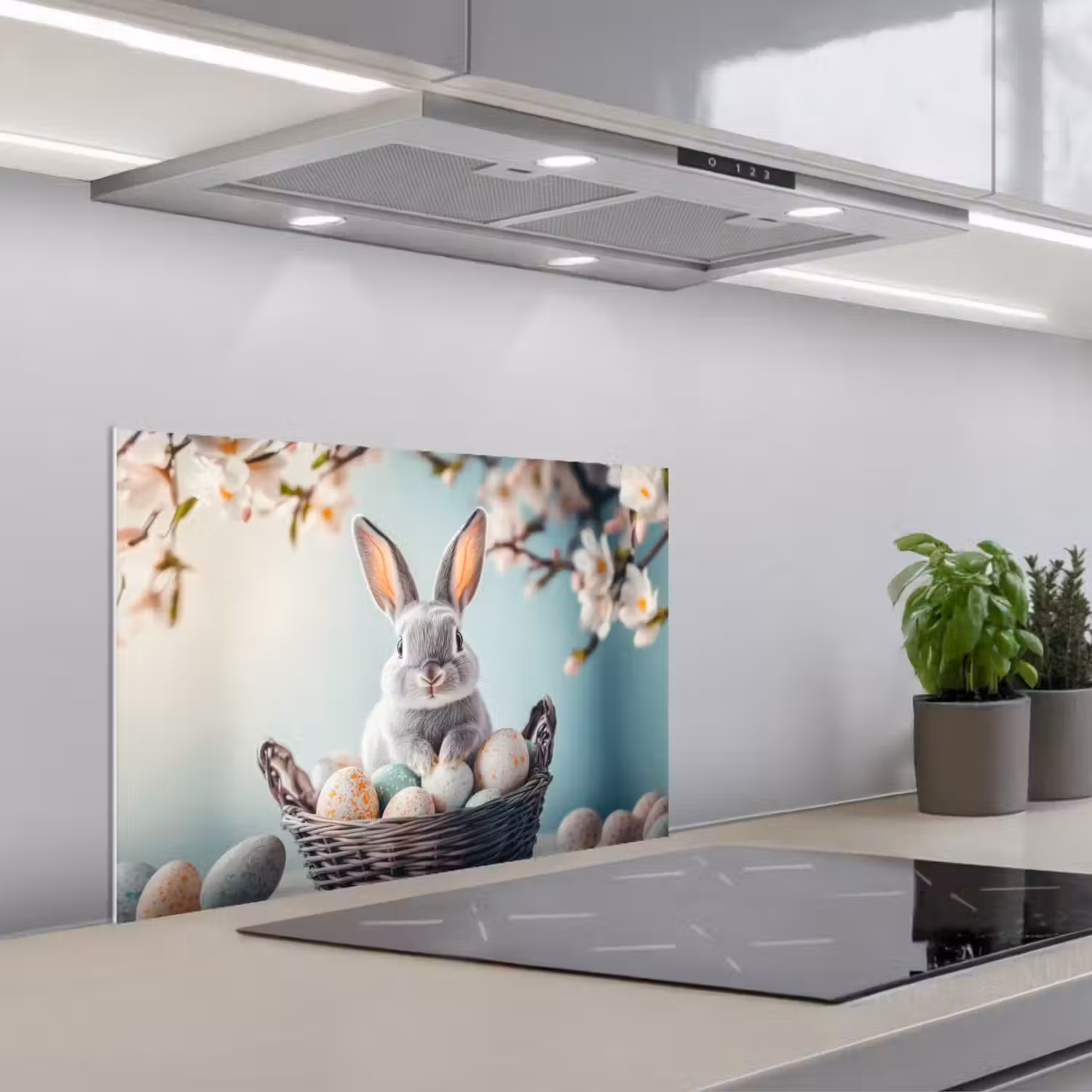 Konijn - Eieren - Mand keuken achterwand spatscherm klein -3d_schuin