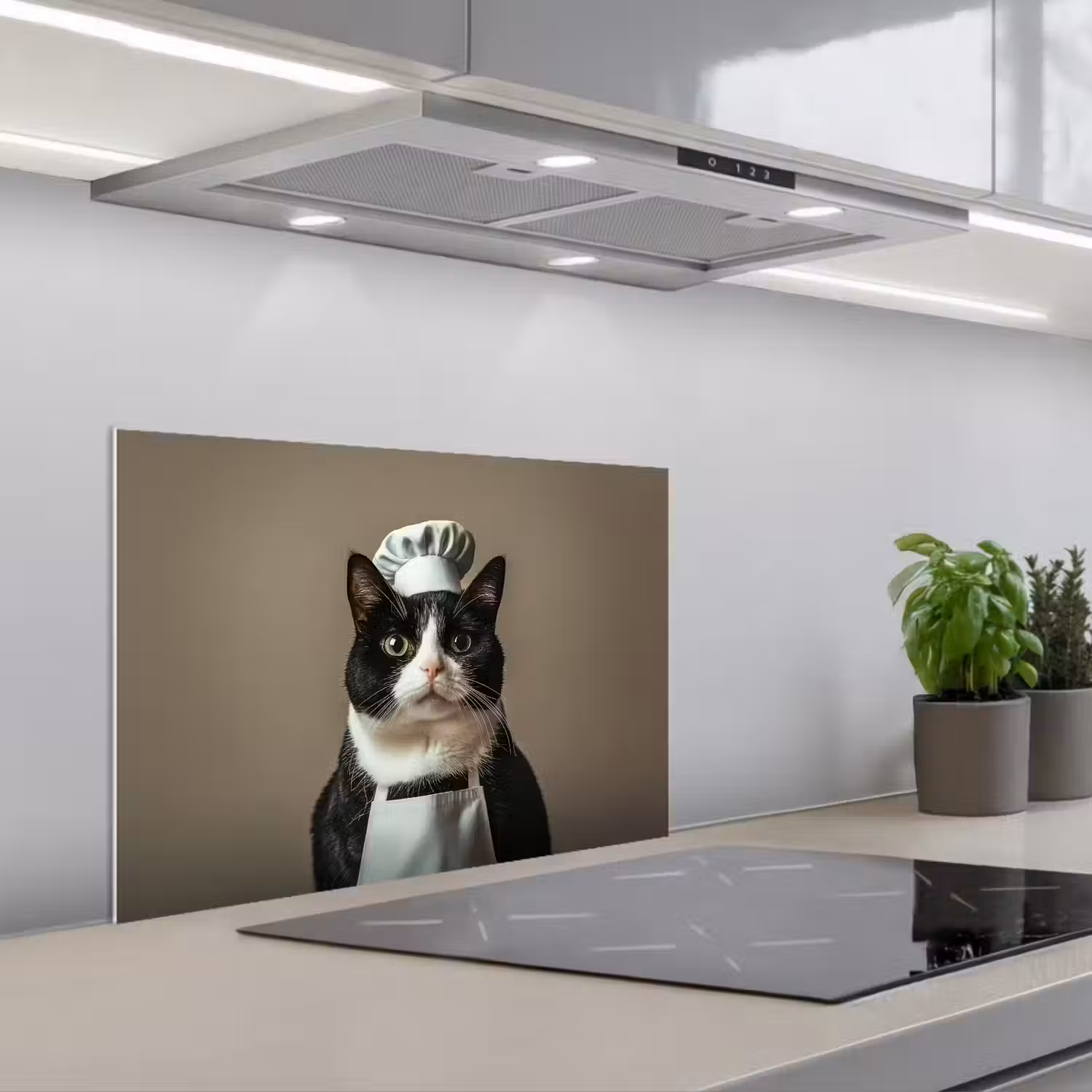 Kat - Kokskleding - Zwart - Wit keuken achterwand spatscherm klein -3d_schuin