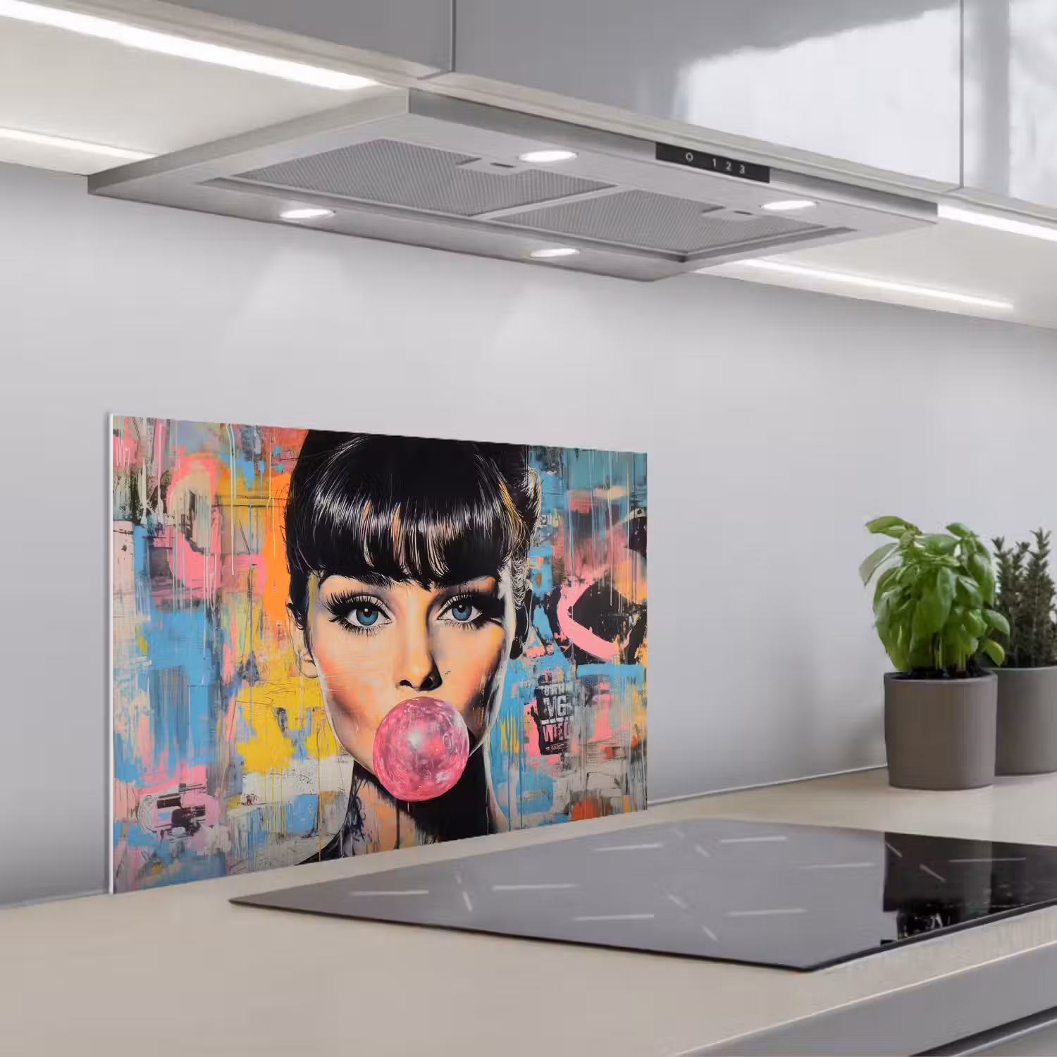 Kauwgom - Vrouw - Penseelstreken - Modern keuken achterwand spatscherm klein -3d_schuin