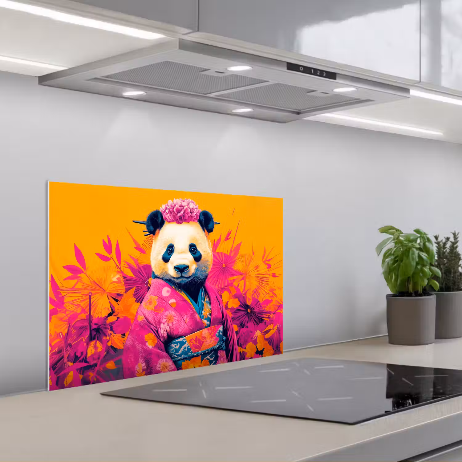Kimono - Roze - Panda - Bloemenkroon keuken achterwand spatscherm klein -3d_schuin