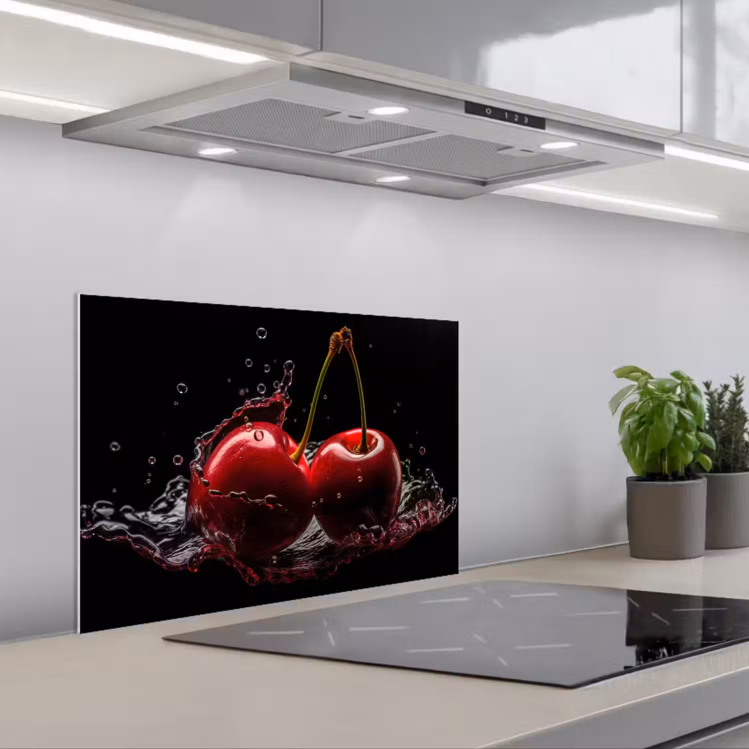 Kersen - Rood - Fruit - Water - Zwart keuken achterwand spatscherm klein -3d_schuin