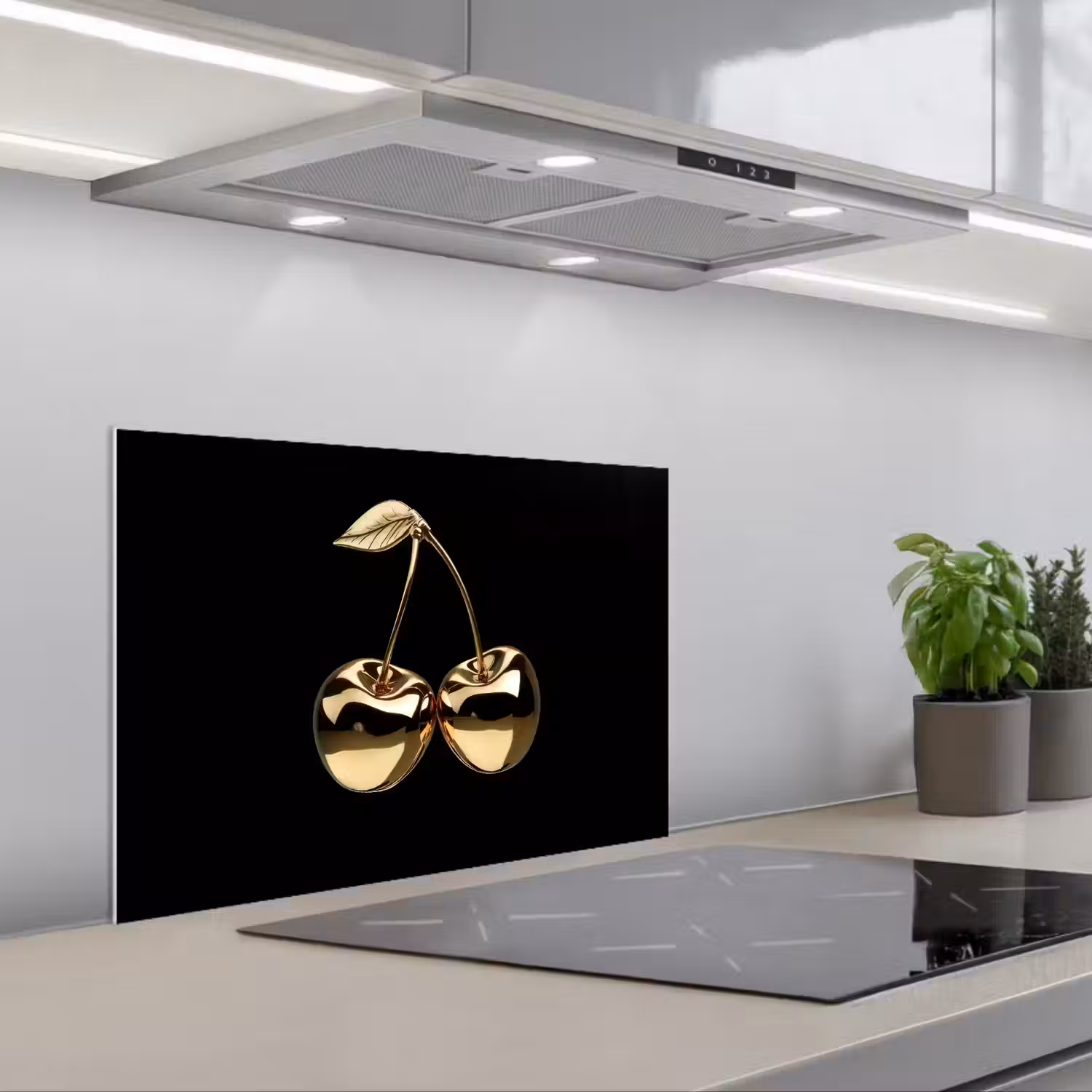 Kersen - Zwart - Goud - Chrome keuken achterwand spatscherm klein -3d_schuin