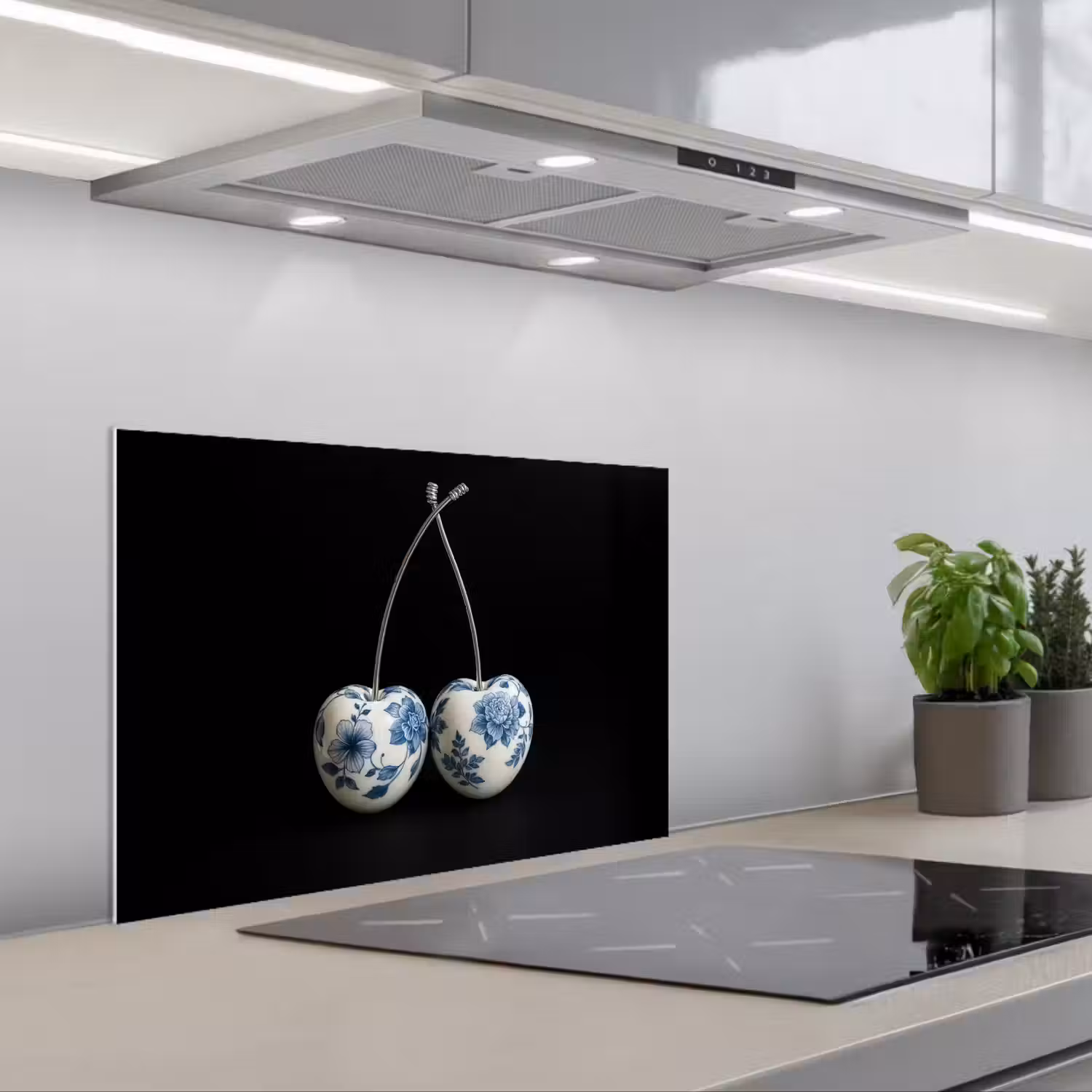 Kersen - Delfts blauw - Fruit keuken achterwand spatscherm klein -3d_schuin