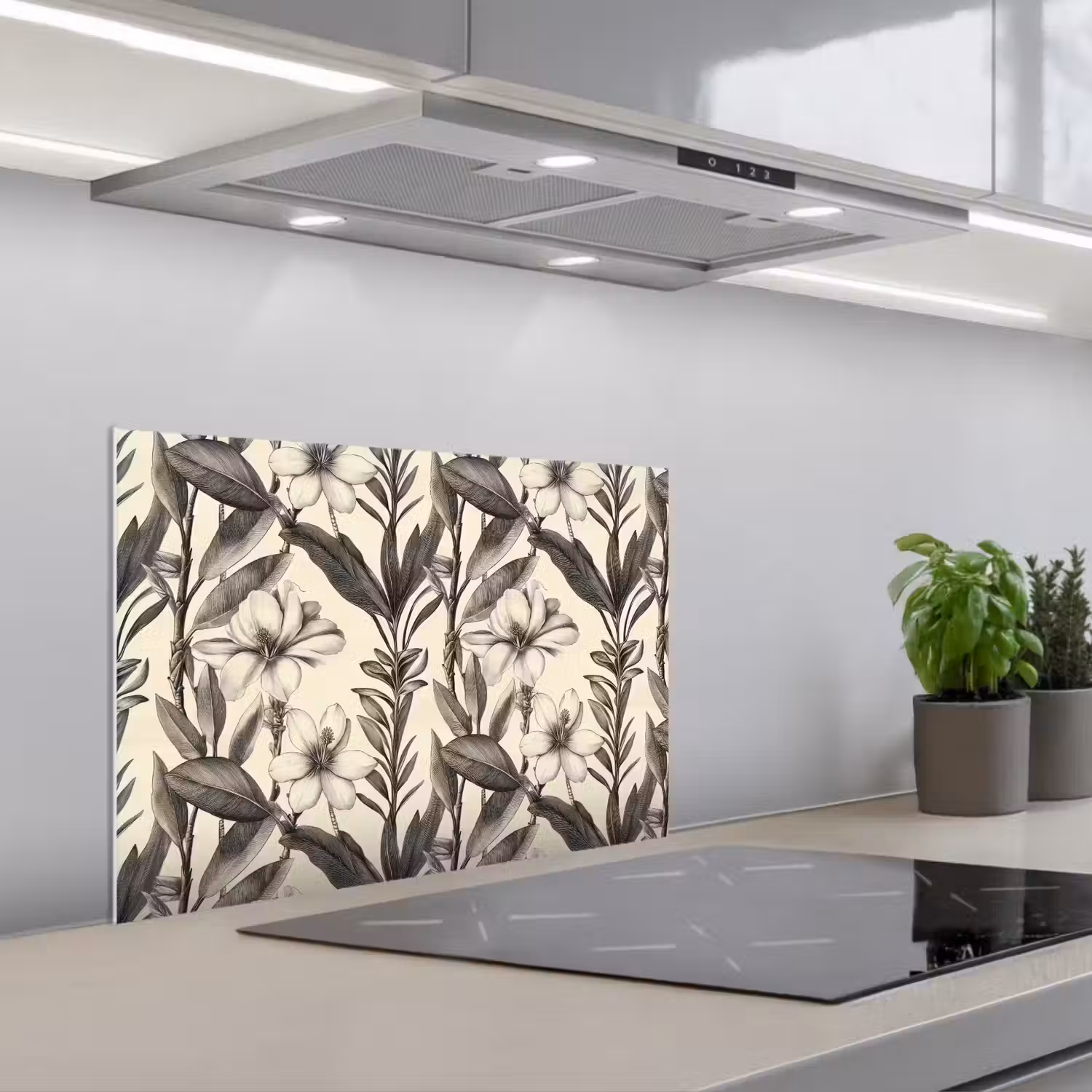 Klassiek - Botanisch - Zwart - Beige keuken achterwand spatscherm klein 900 -3d_schuin