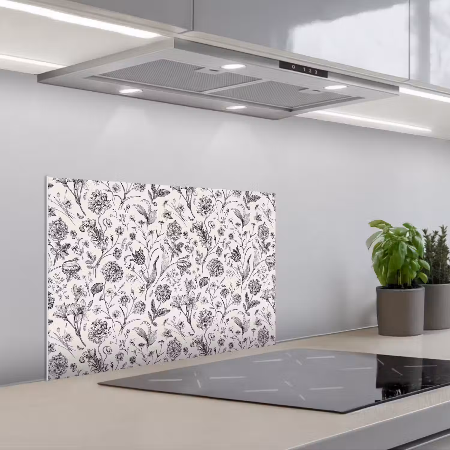 Classic - Black - White - Floral keuken achterwand spatscherm klein 900 -3d_schuin