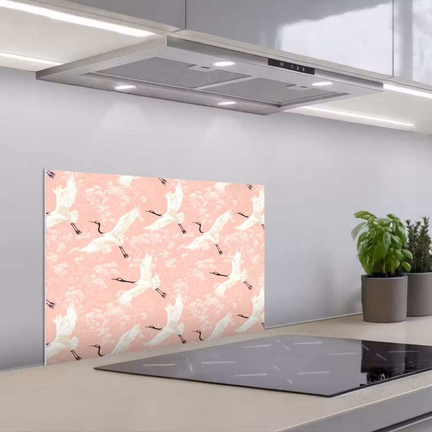 Kraanvogels - Bloesem - Roze keuken achterwand spatscherm klein 900 -3d_schuin