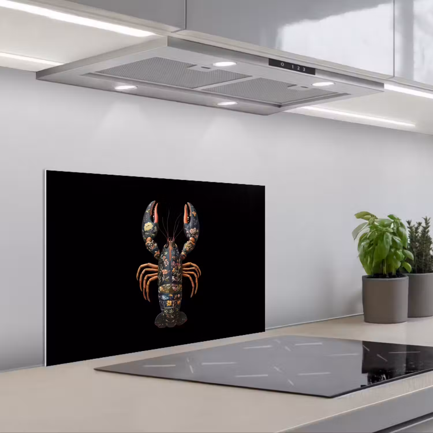 Kreeft - Zwart - Bloemenpatroon - Artistiek keuken achterwand spatscherm klein -3d_schuin
