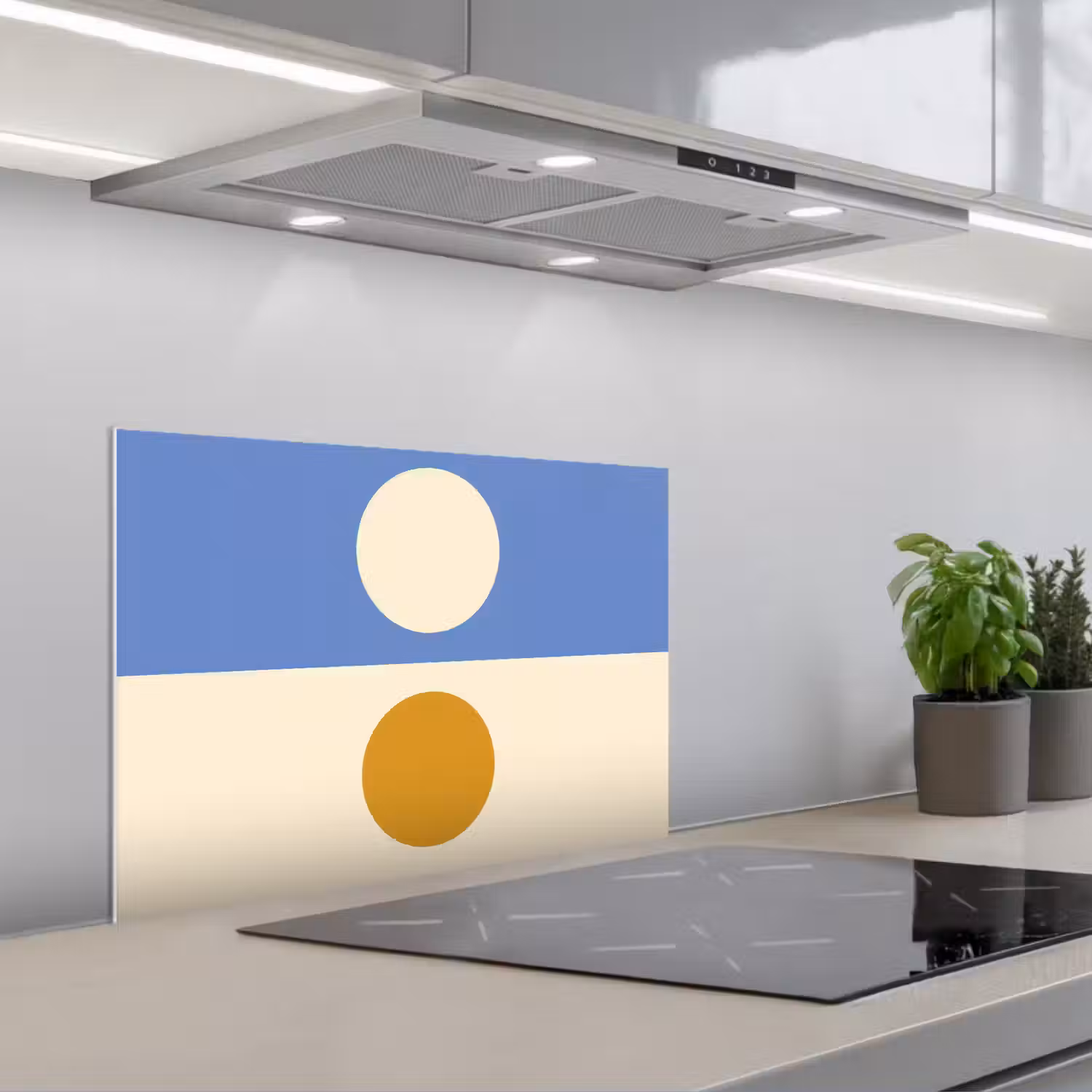 Cirkels - Symmetrisch - Wit - Blauw- Geel keuken achterwand spatscherm klein -3d_schuin