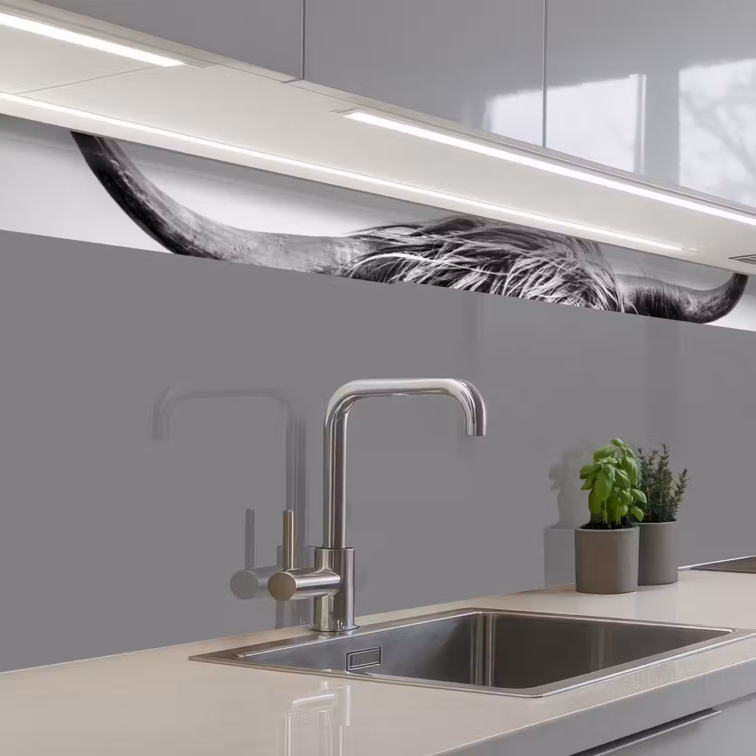 Koe - Schotse hooglander - Zwart - Wit - Dier - Natuur - Wild keuken achterwand 2 middel -3d_schuin