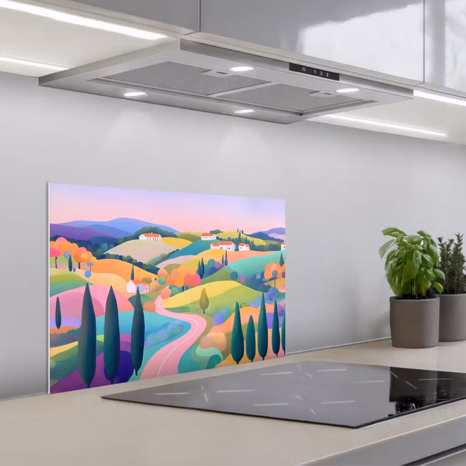 Landschap - Paars - Pastel - Huizen keuken achterwand spatscherm klein -3d_schuin